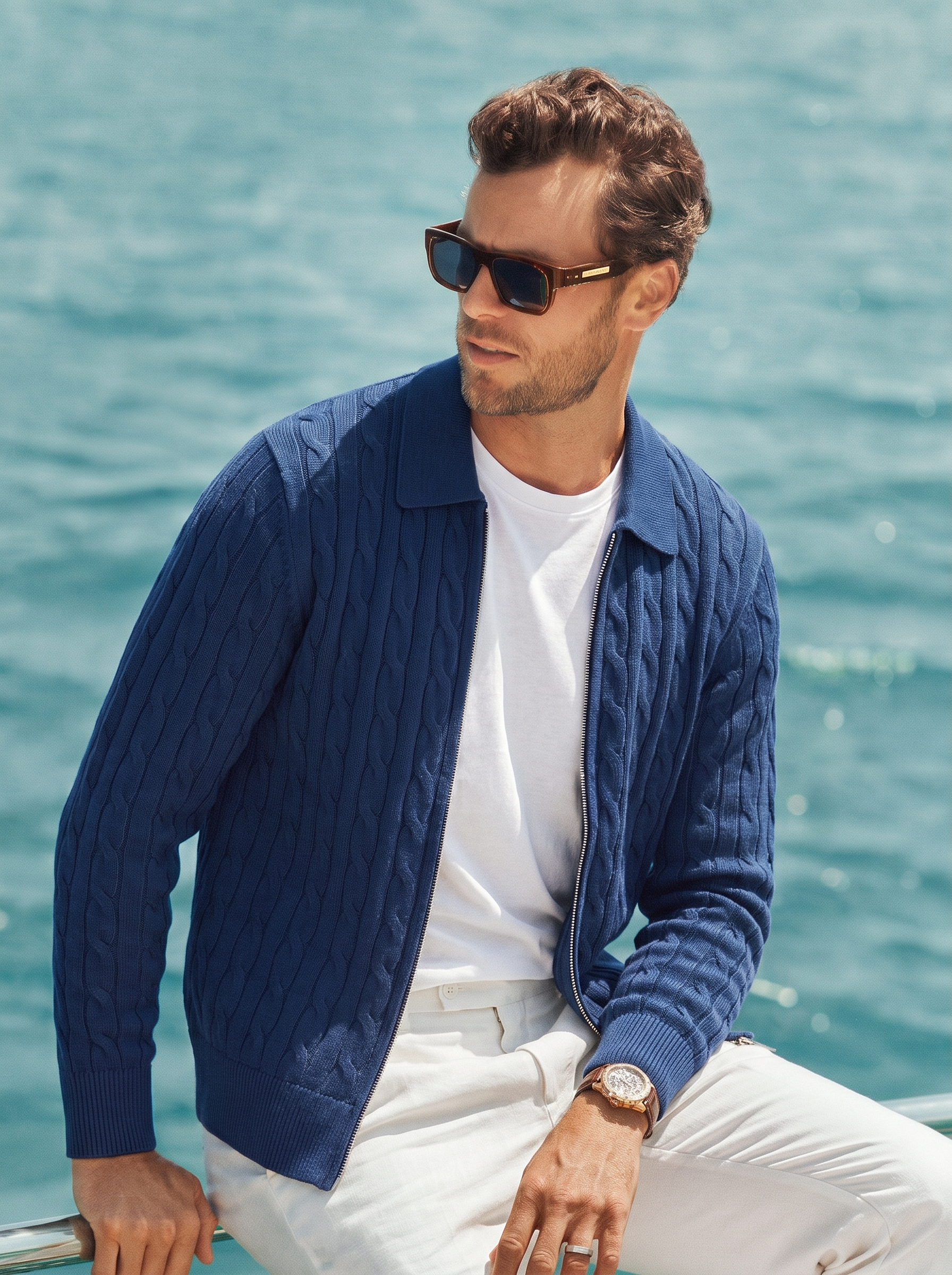 Men's 100% Cashmere Collared Zip Cable Knit Cardigan