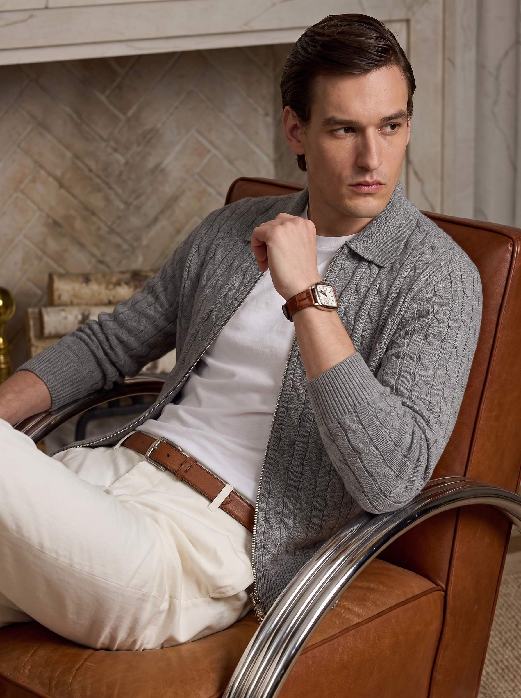 Men's 100% Cashmere Collared Zip Cable Knit Cardigan
