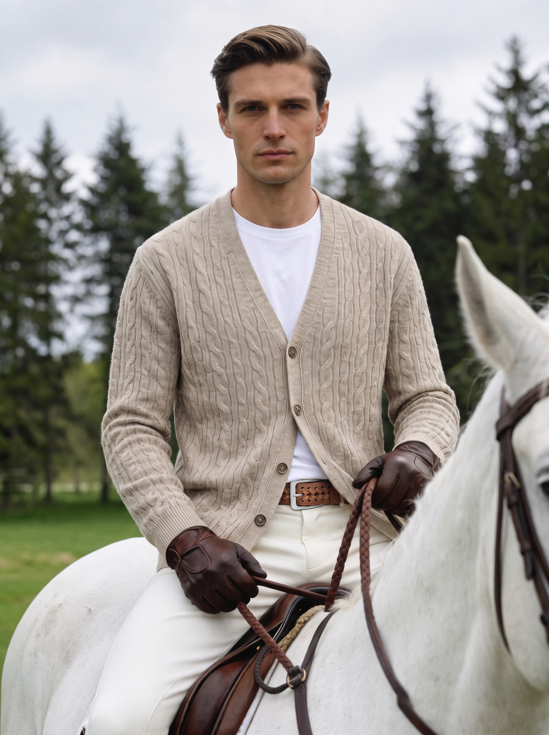 Men's 100% Mongolian Cashmere Cable Knit V-Neck Cardigan