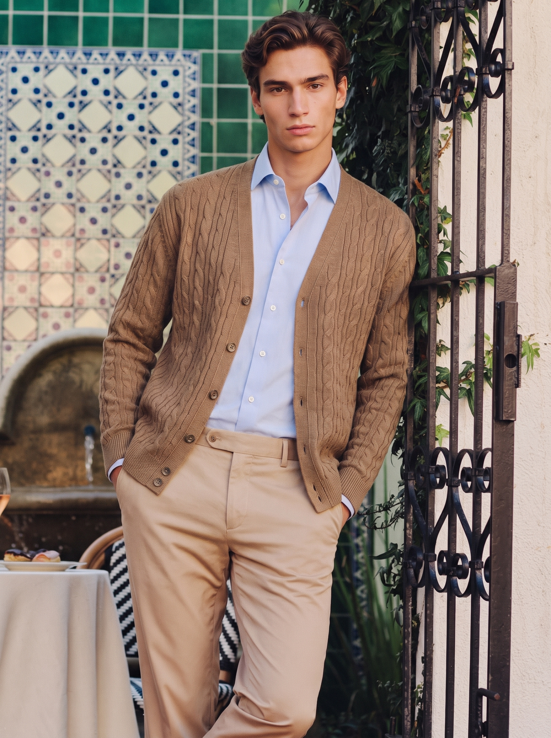 Men's 100% Mongolian Cashmere Cable Knit V-Neck Cardigan