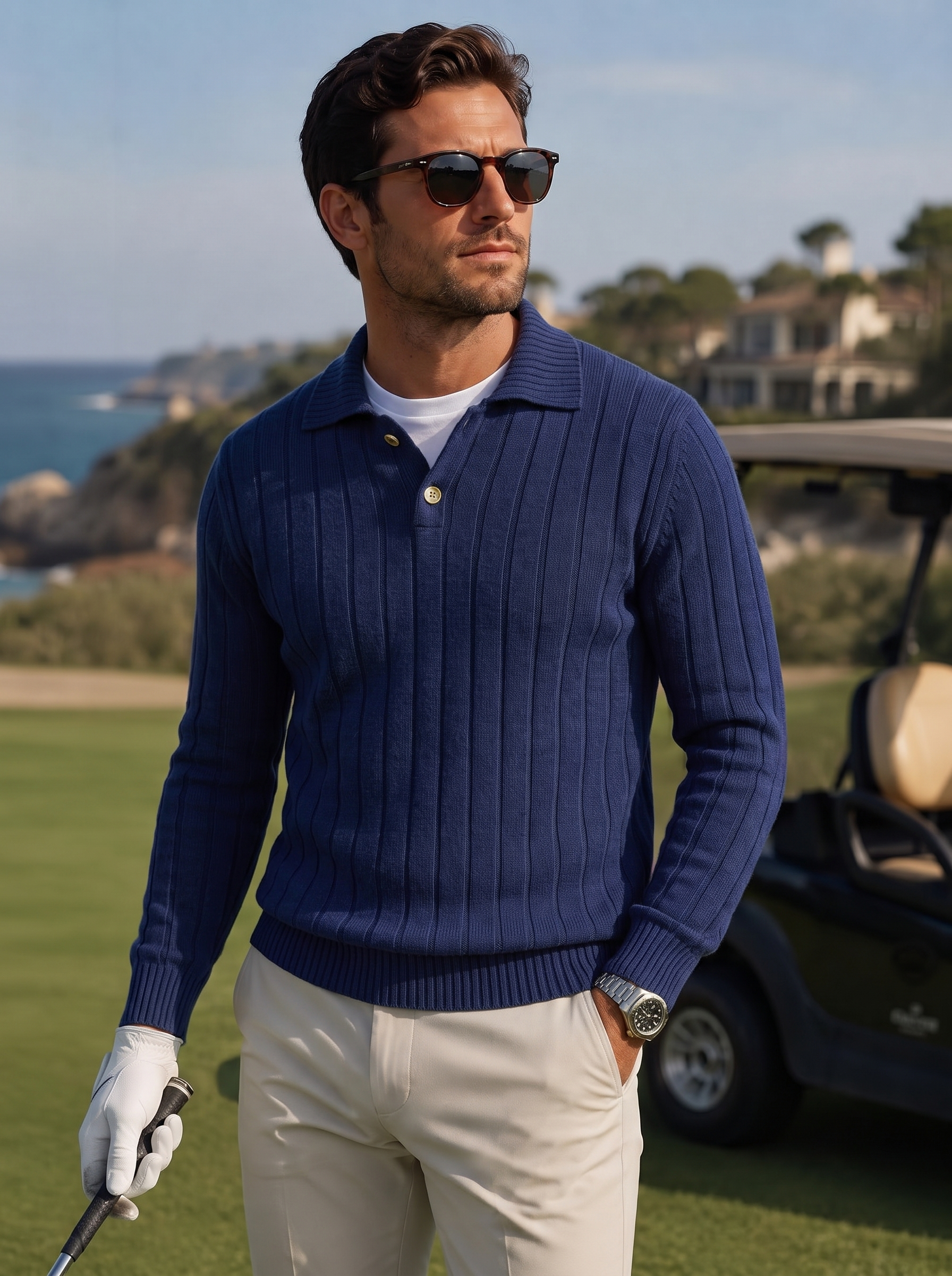 Men's 100% Cashmere Polo Collar Knit Sweater Classic Ribbed Pullover