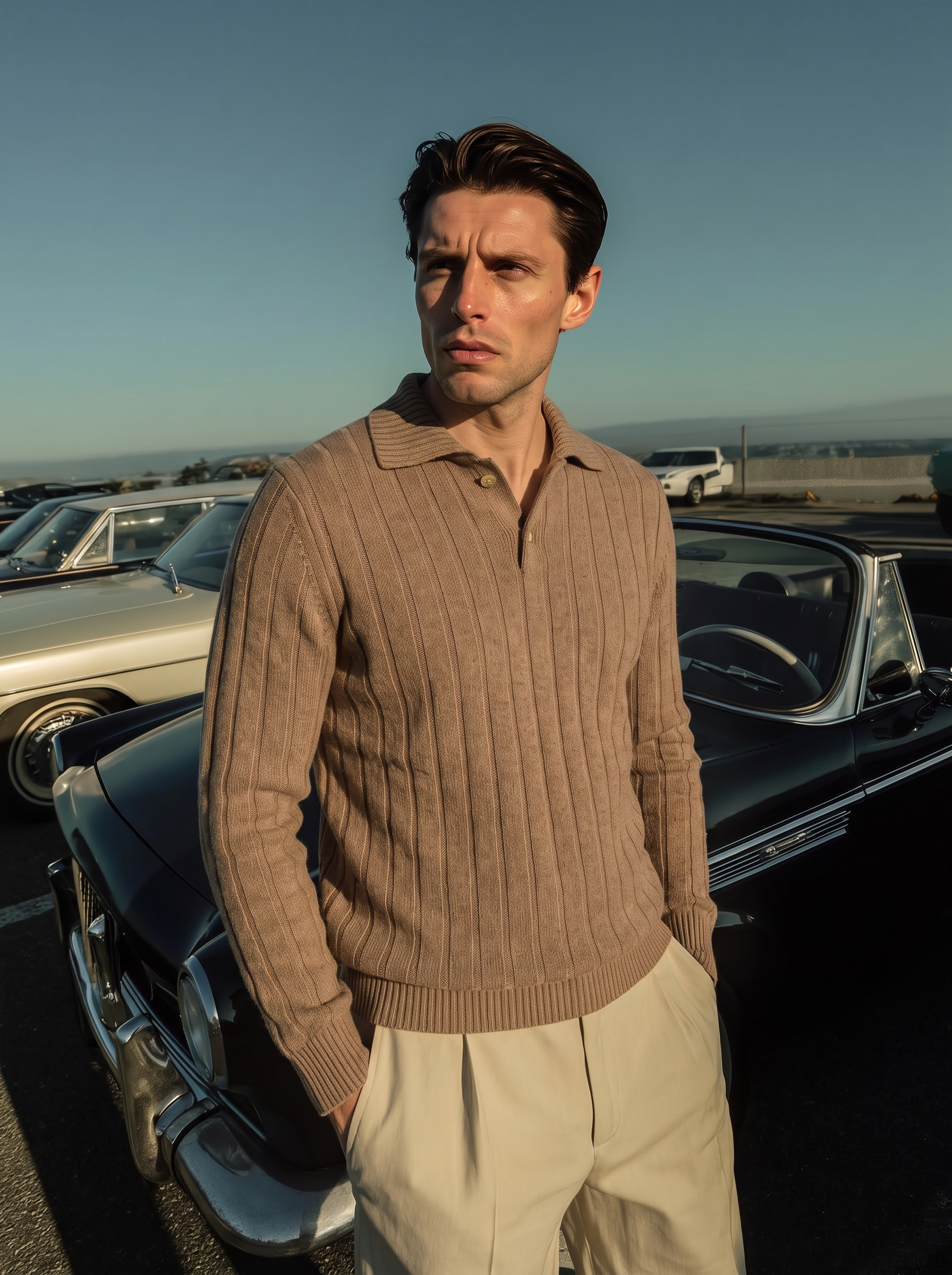 Men's 100% Cashmere Polo Collar Knit Sweater Classic Ribbed Pullover