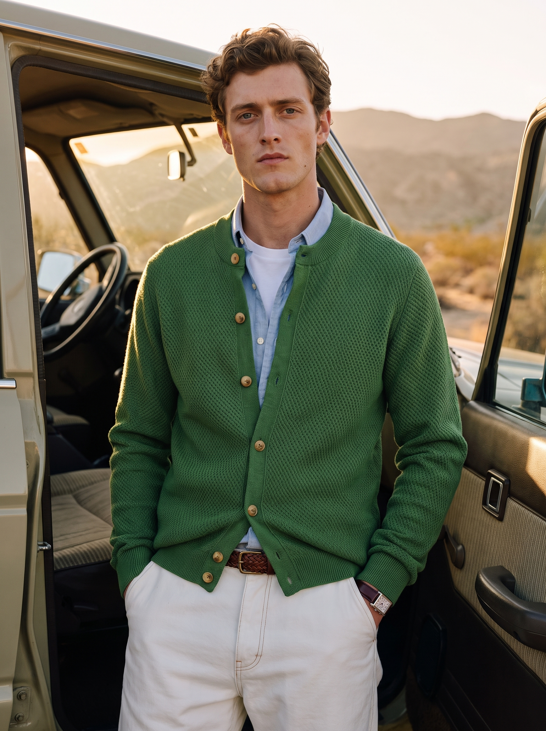 Pre-Order | Men's 100% Cashmere Honeycomb Knit Crew Neck Cardigan (10-14 Business Days)