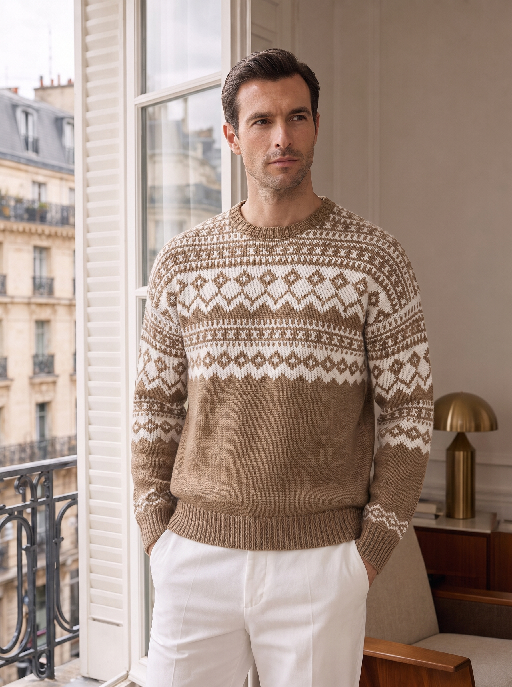 Pre-Order | Men's 100% Cashmere Crew Neck Fair Isle Sweater (10-14 Business Days)