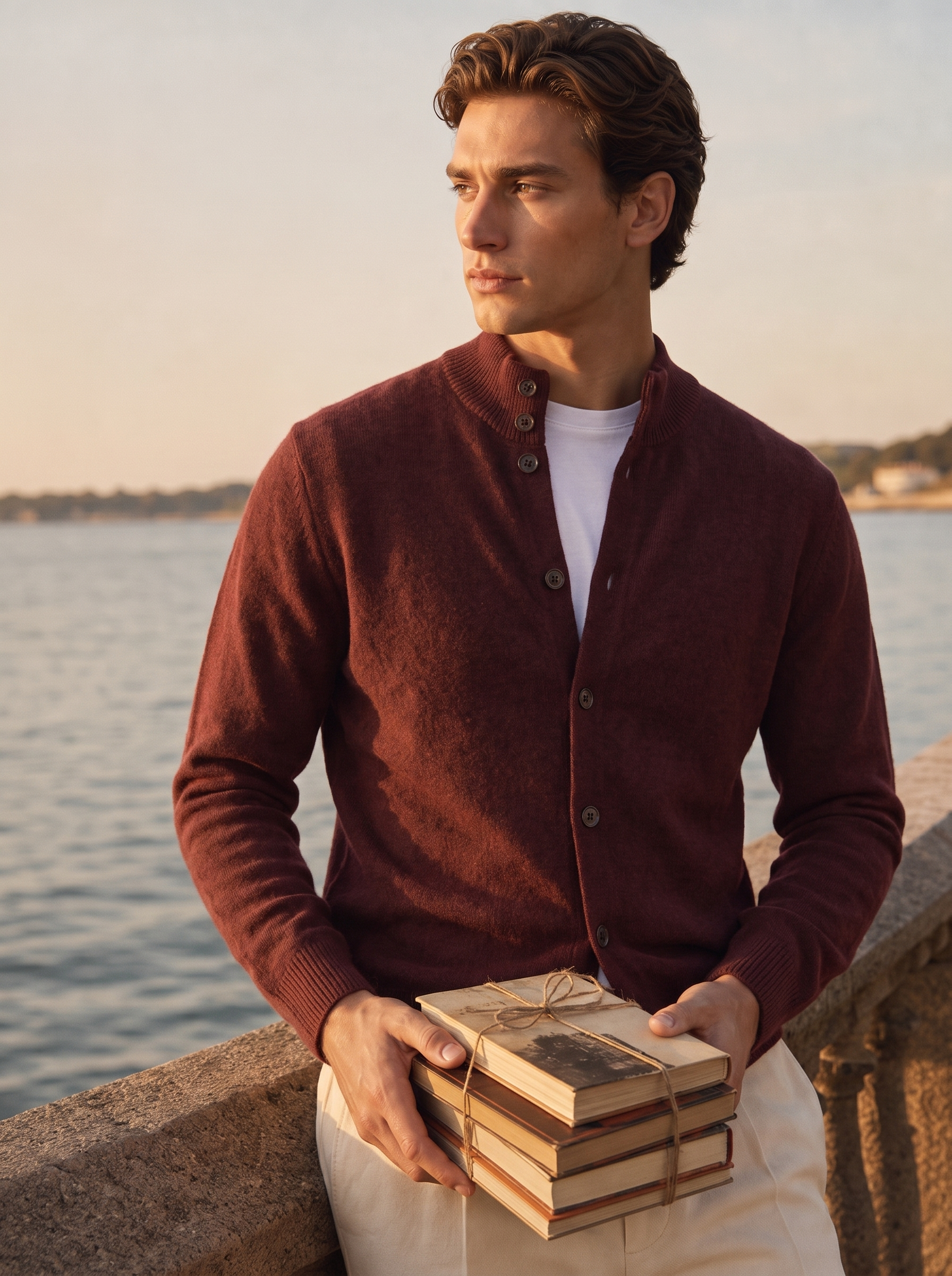 Men's 100% Wool Mock Neck Long Sleeve Button-Front Cardigan