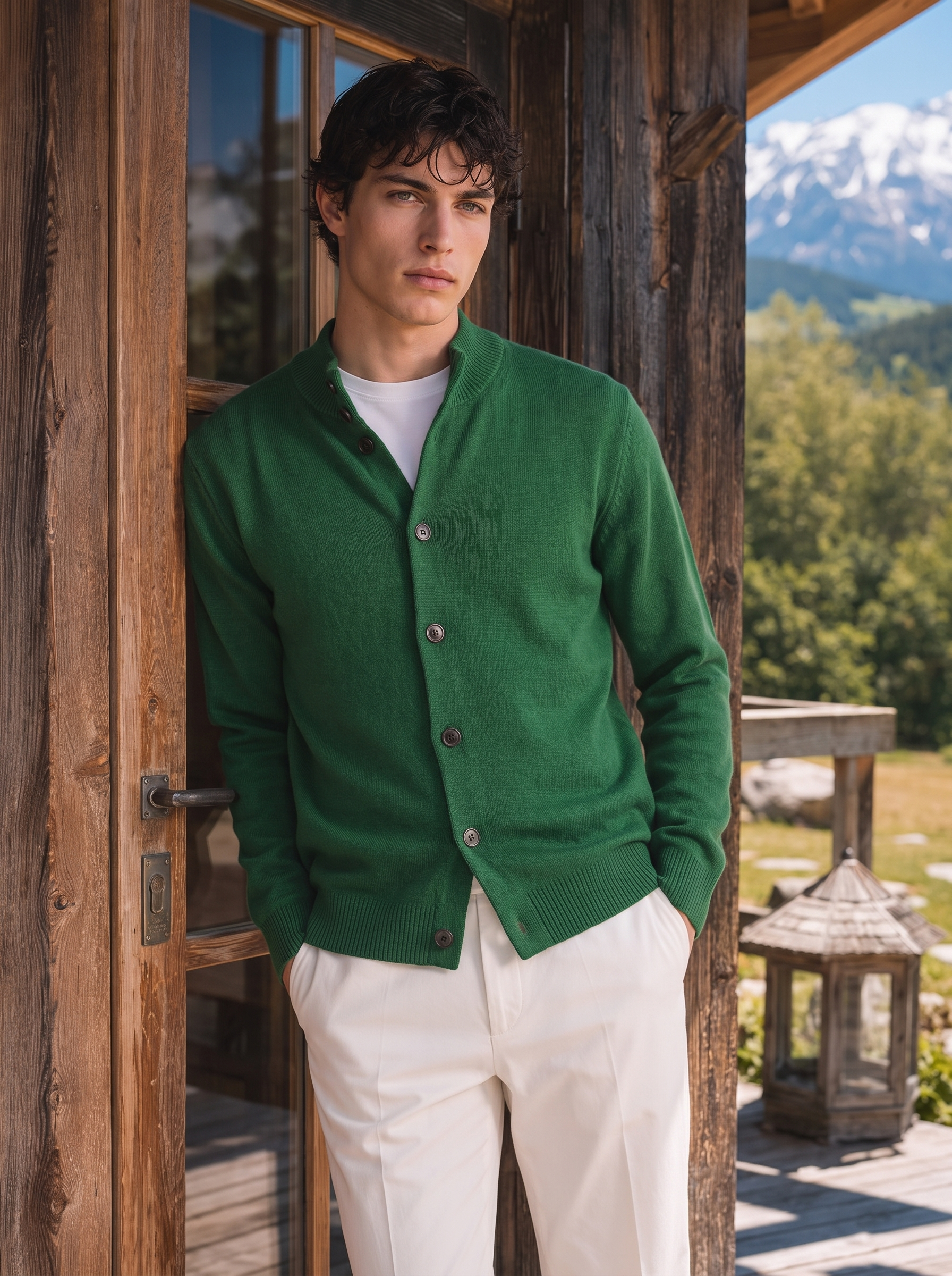 Men's 100% Wool Mock Neck Long Sleeve Button-Front Cardigan