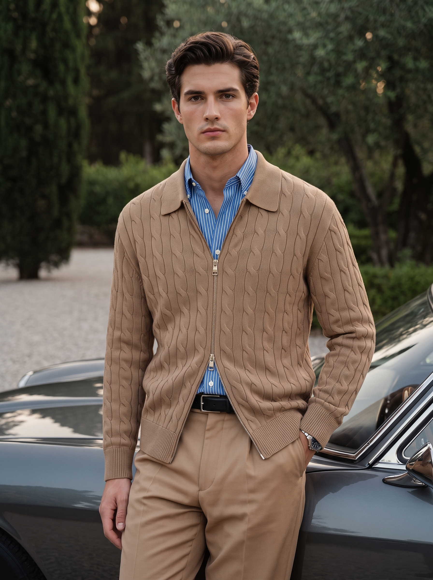 Men's 100% Cashmere Collared Zip Cable Knit Cardigan