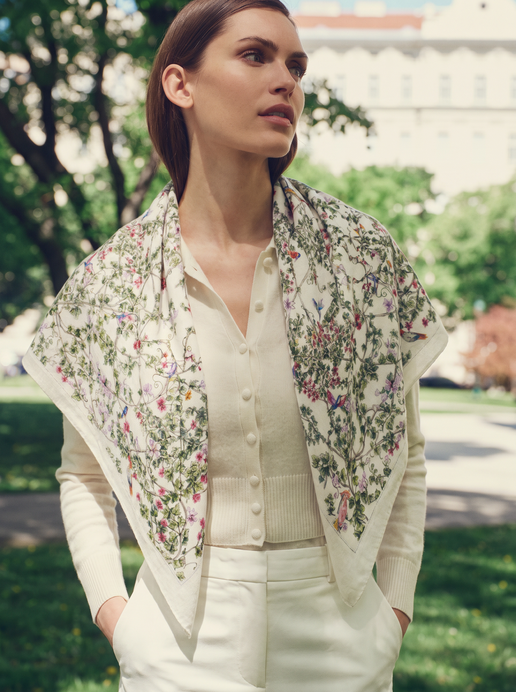 100% Cashmere Floral and Bird Motifs Square Scarf