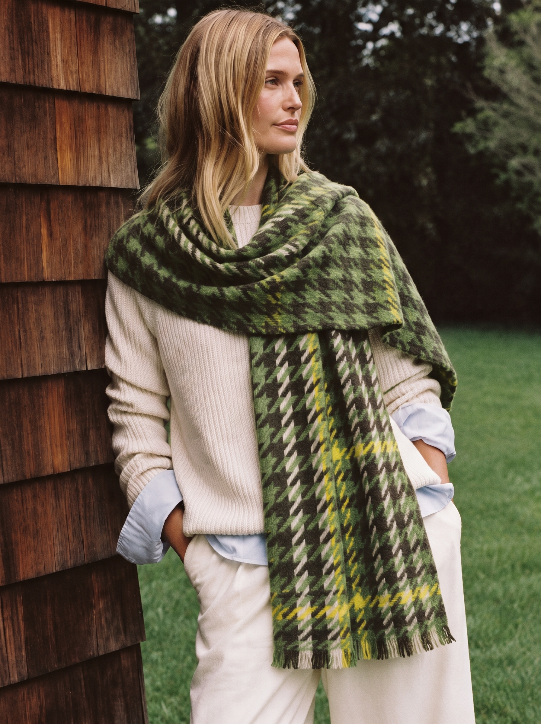 100% Cashmere Houndstooth Fringe Long Scarf
