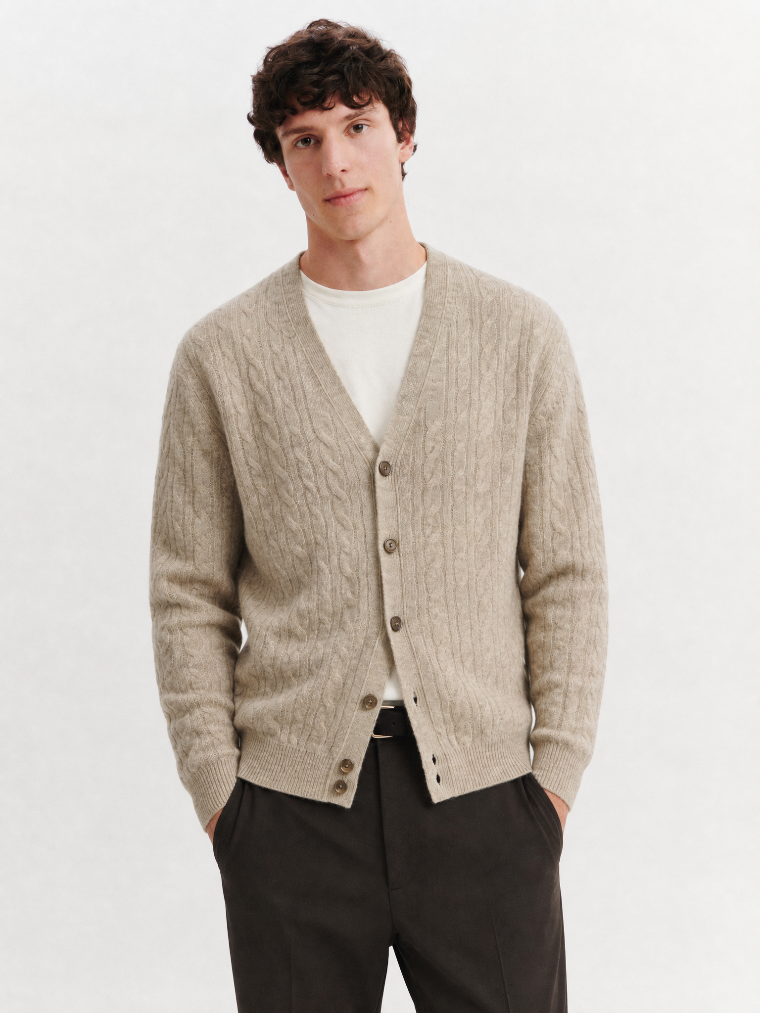 Men's 100% Mongolian Cashmere Cable Knit V-Neck Cardigan