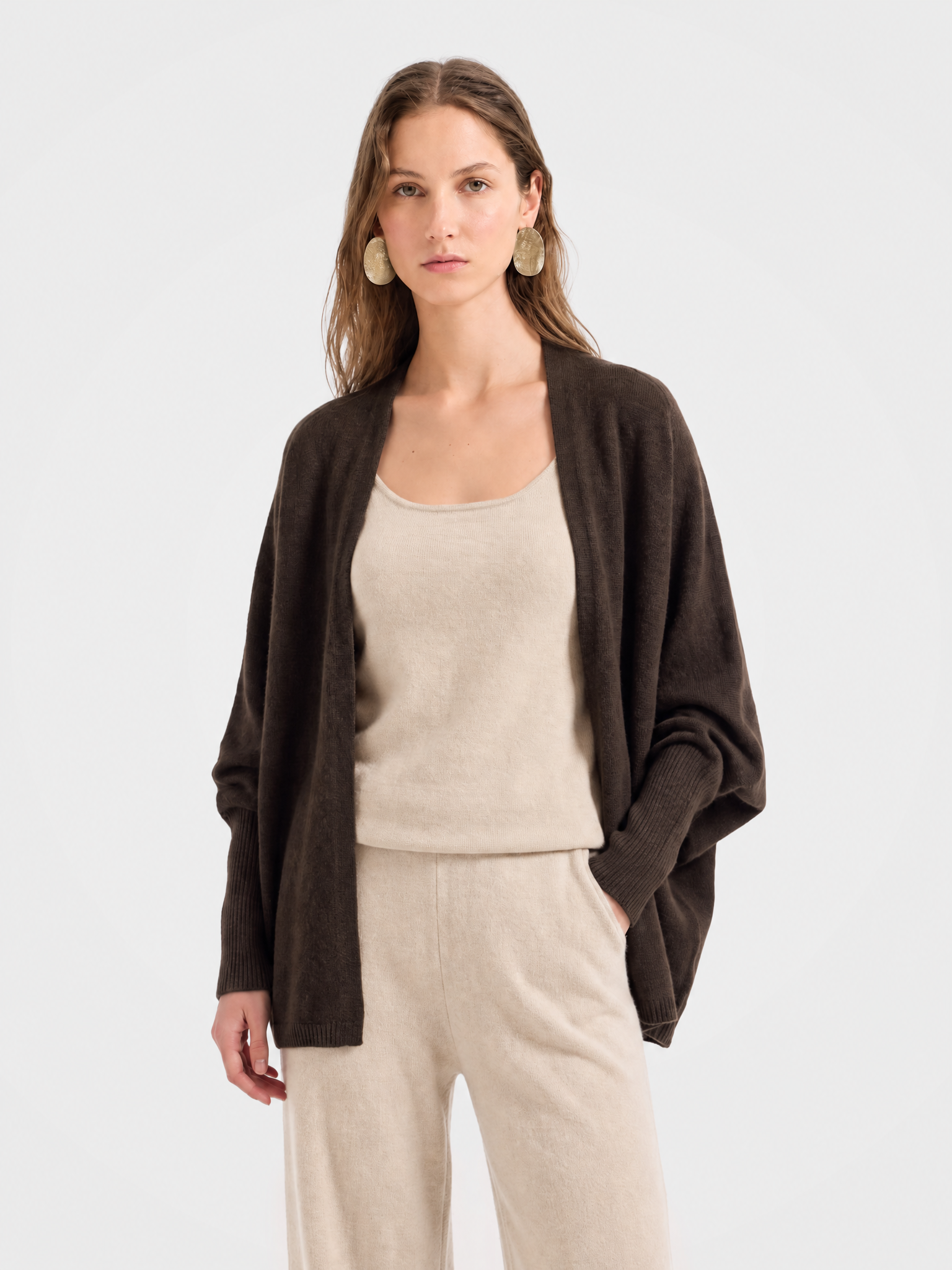 100% Cashmere Soft Knit Dolman Sleeve Open-Front Cardigan
