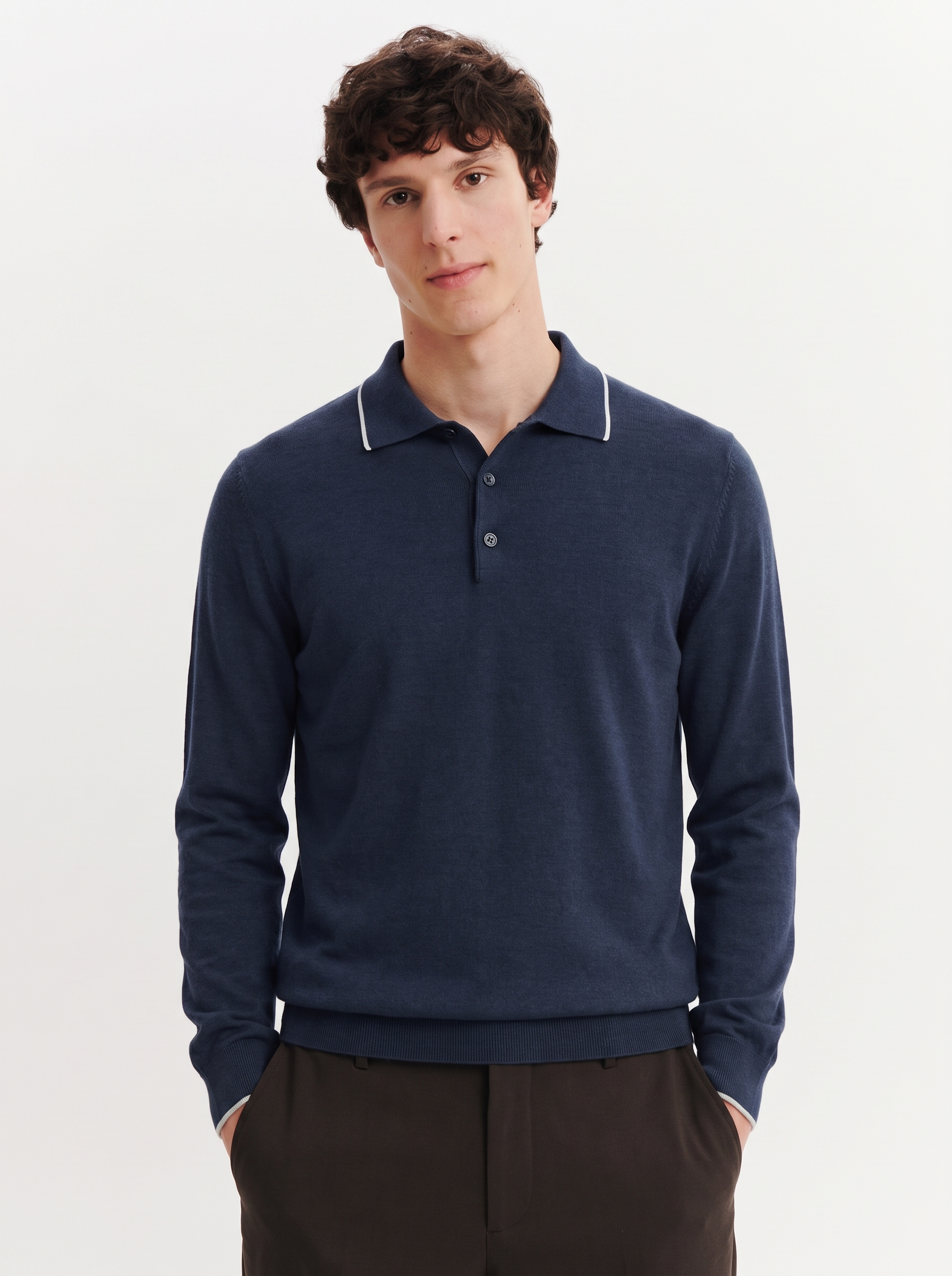 Men's Lightweight 100% Wool Long Sleeve Fine-Knit Polo