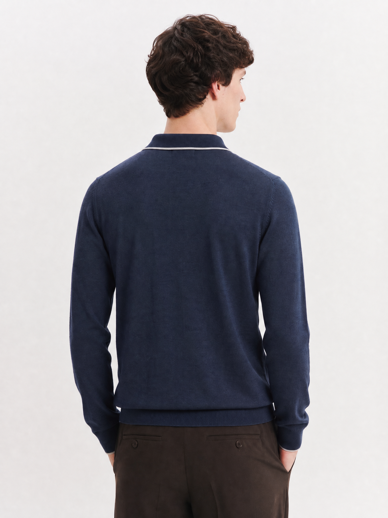 Men's Lightweight 100% Wool Long Sleeve Fine-Knit Polo