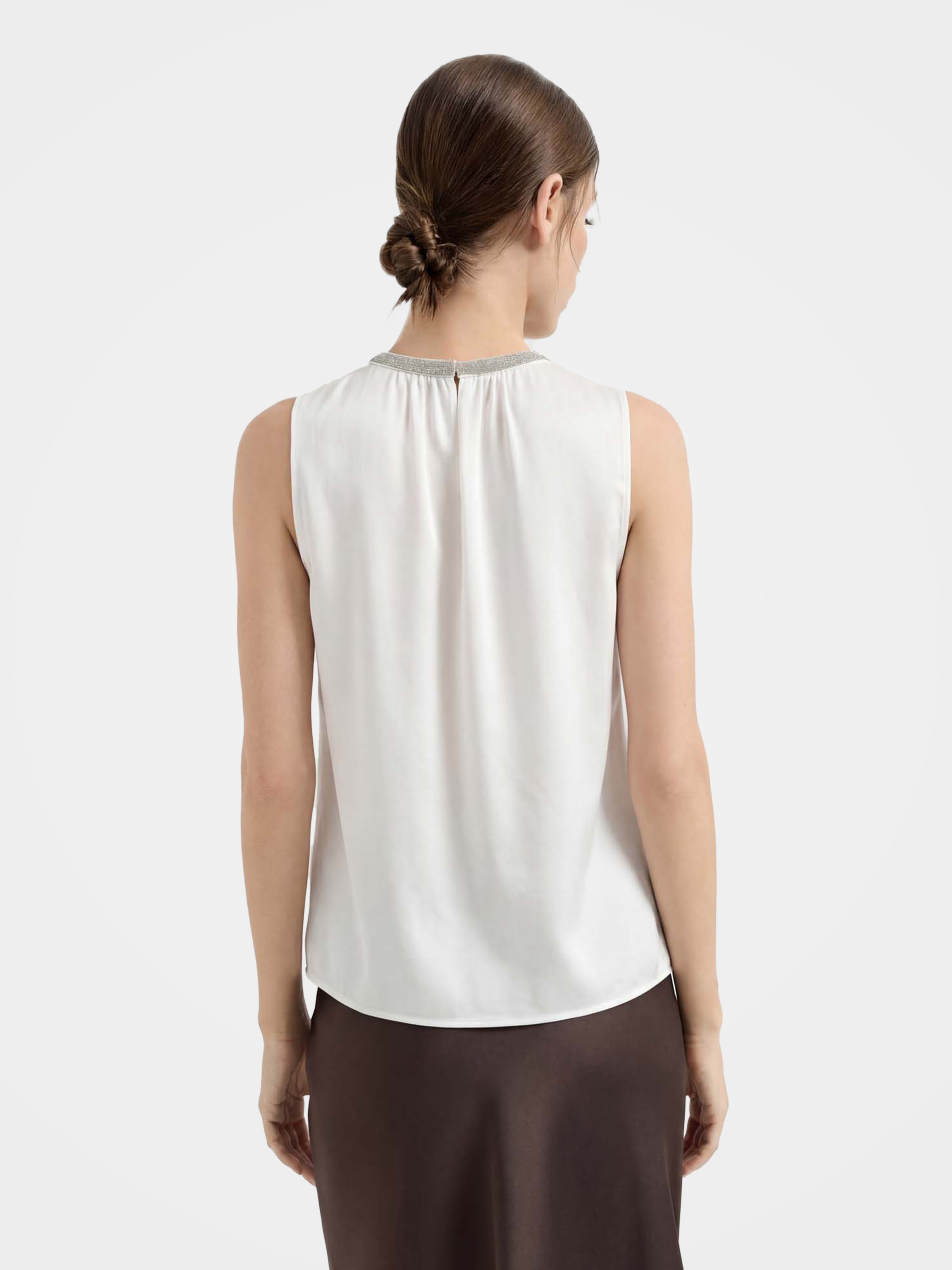 Smooth Mulberry Silk Sleeveless Top with Metallic Trim