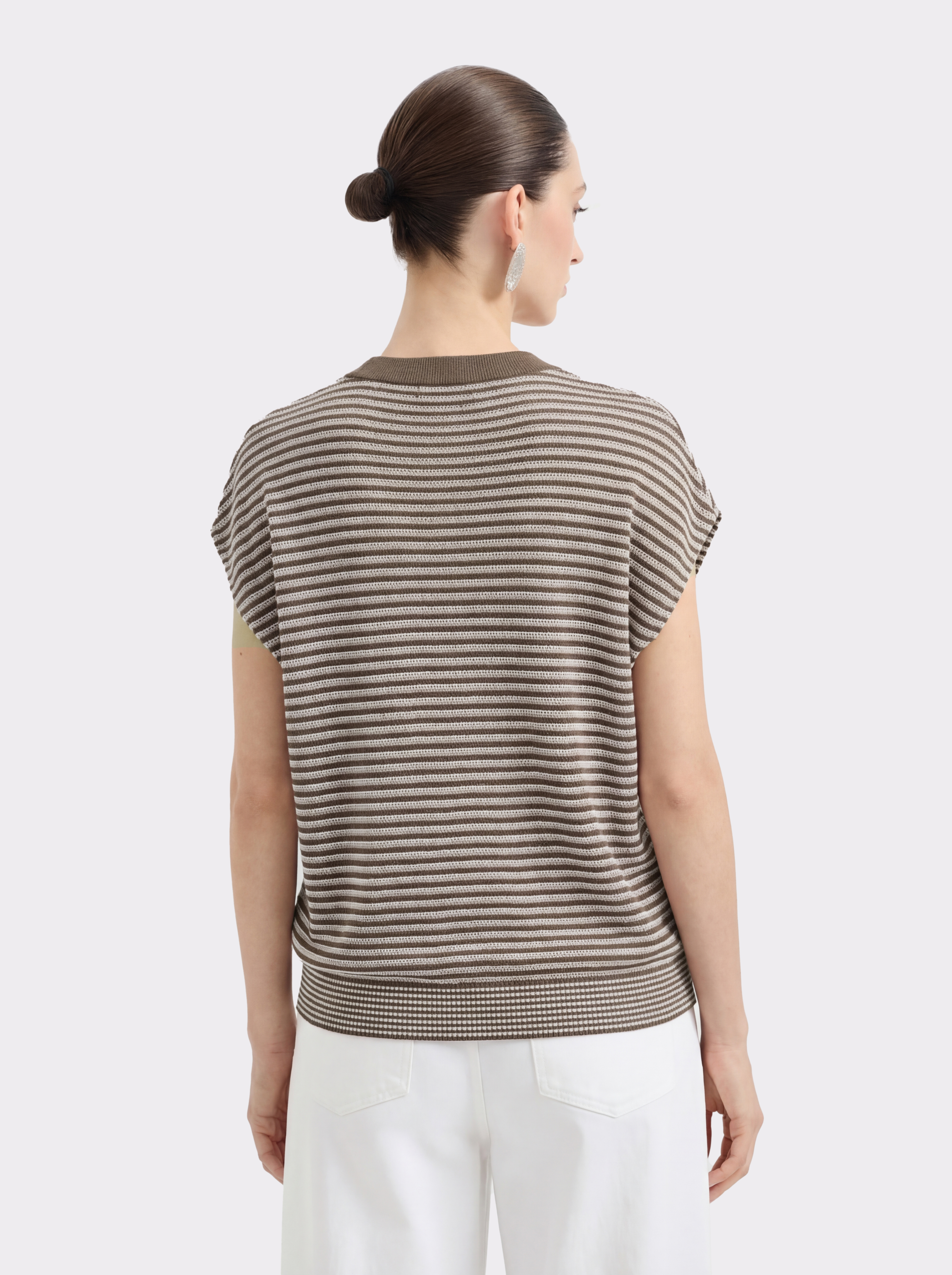 Brown Tencel Stripe Cap Sleeve Knit Sweater