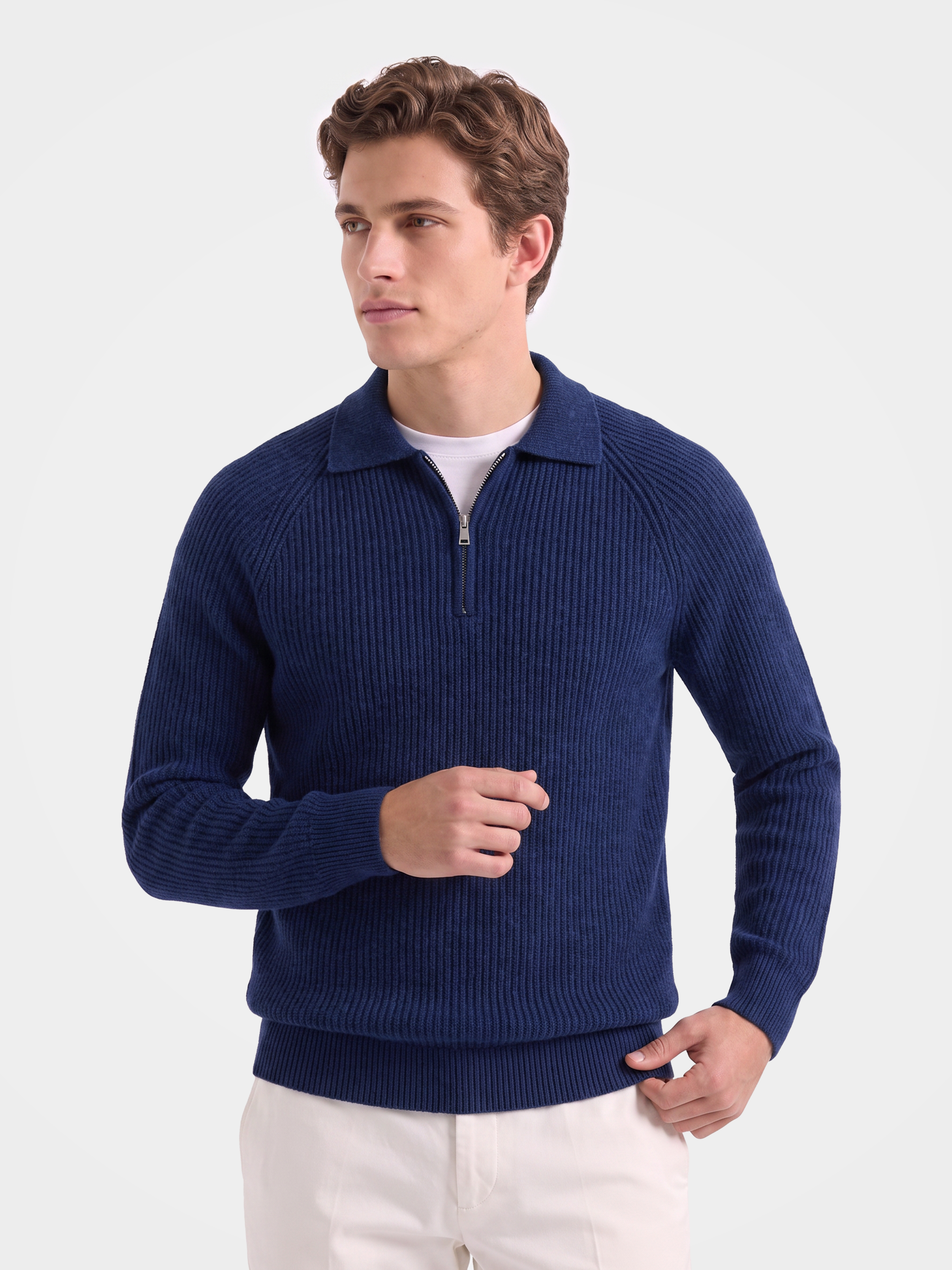 Pre-Order | Men's 100% Cashmere Rib Knit Collared Quarter-Zip Sweater (10-14 Business Days)