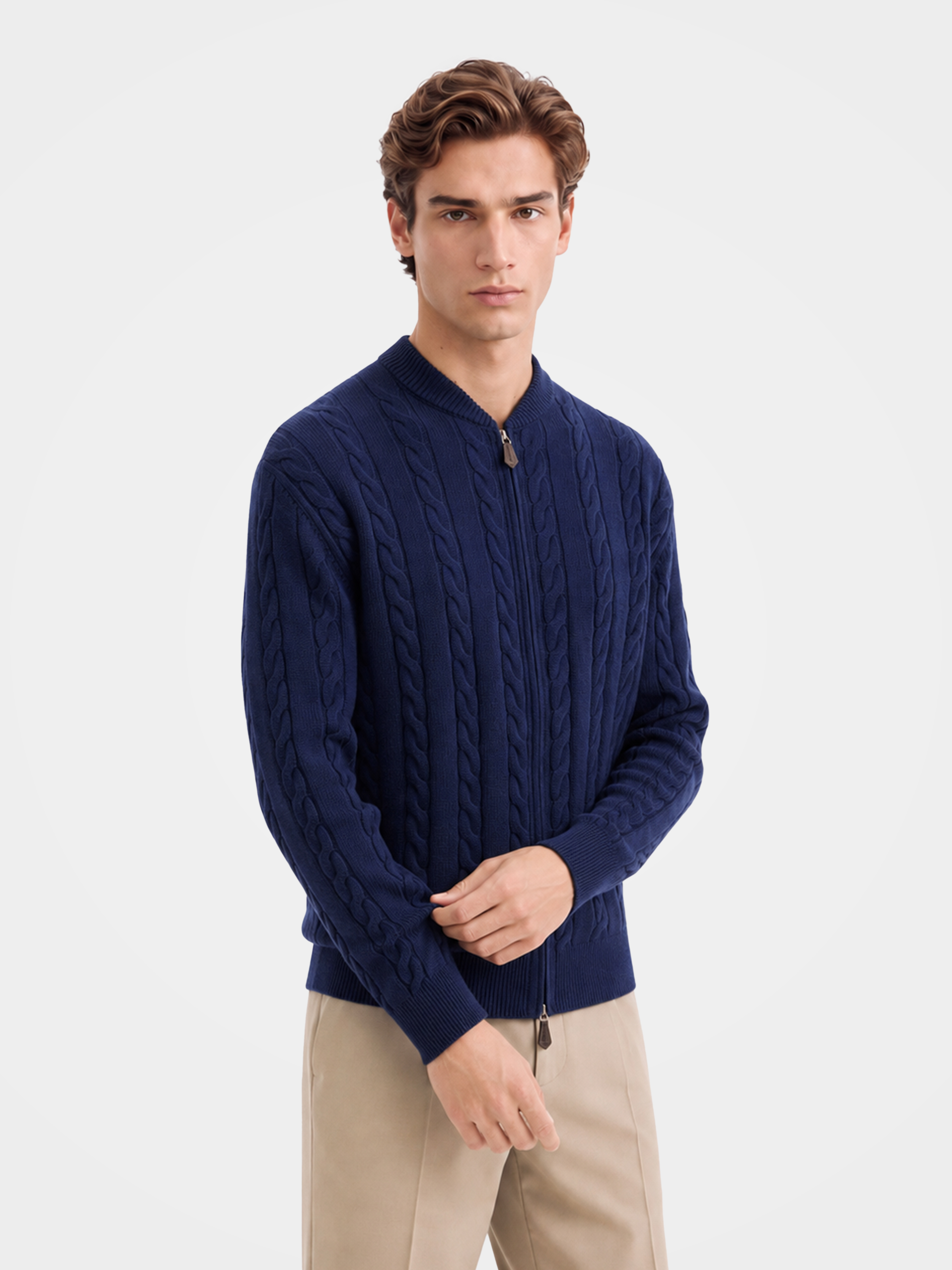 Pre-Order | Men's 100% Cashmere Baseball Collar Zip Cable Knit Cardigan (10-14 Business Days)