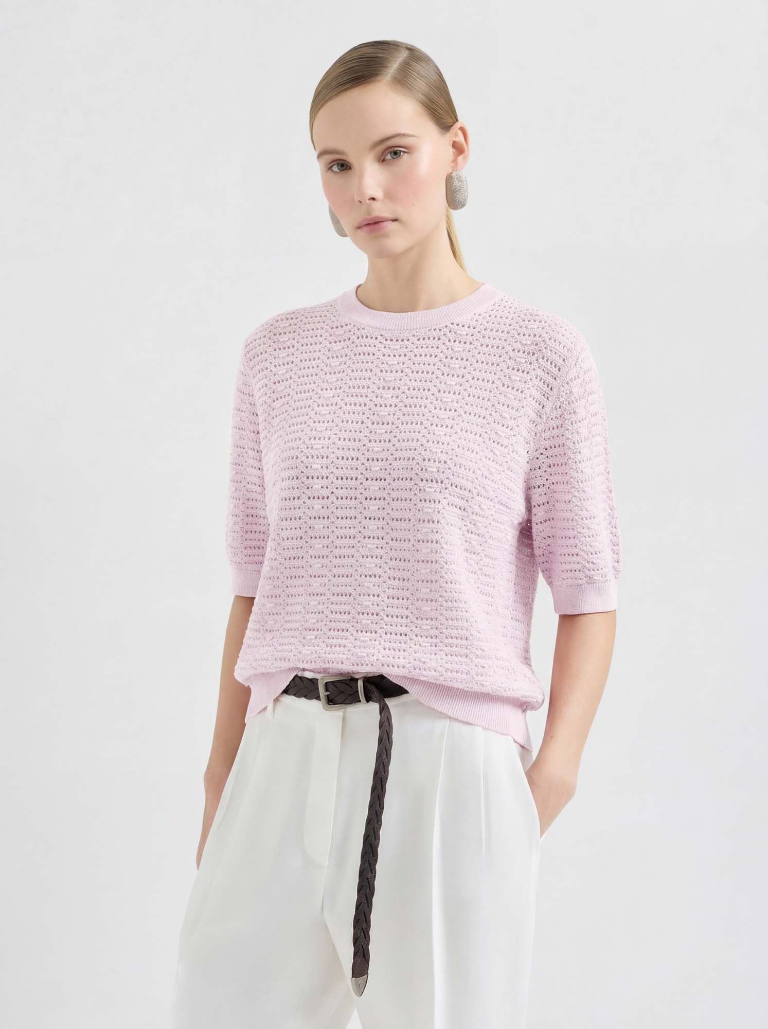 Cotton Short Sleeve Crew Neck Knit Sweater