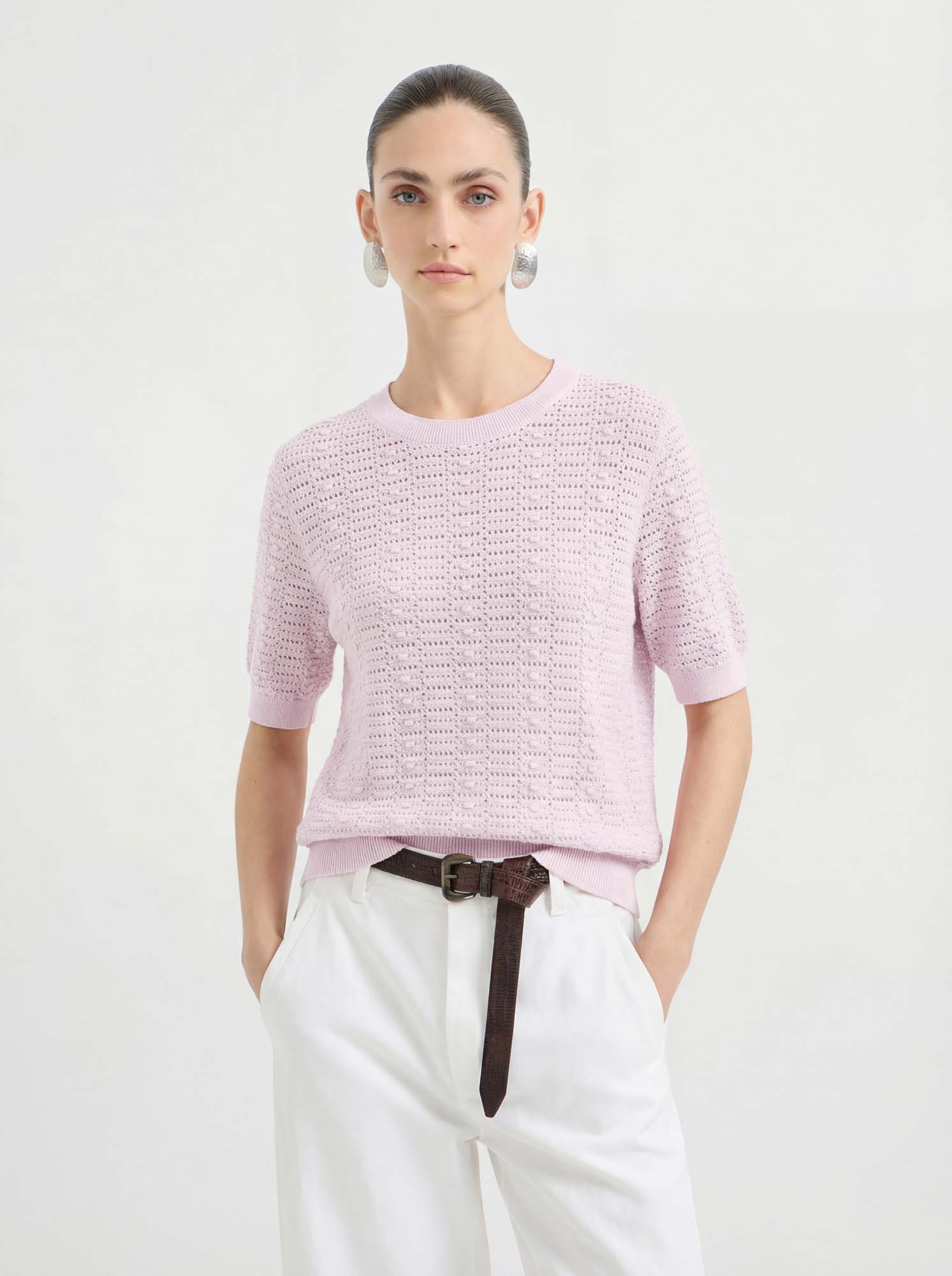 Cotton Short Sleeve Crew Neck Knit Top – Lightweight Everyday Knit