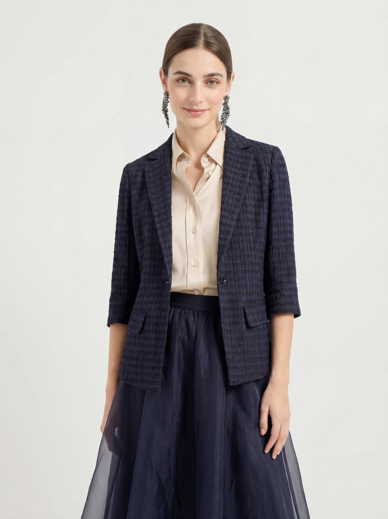 Navy Silk Plaid Blazer
