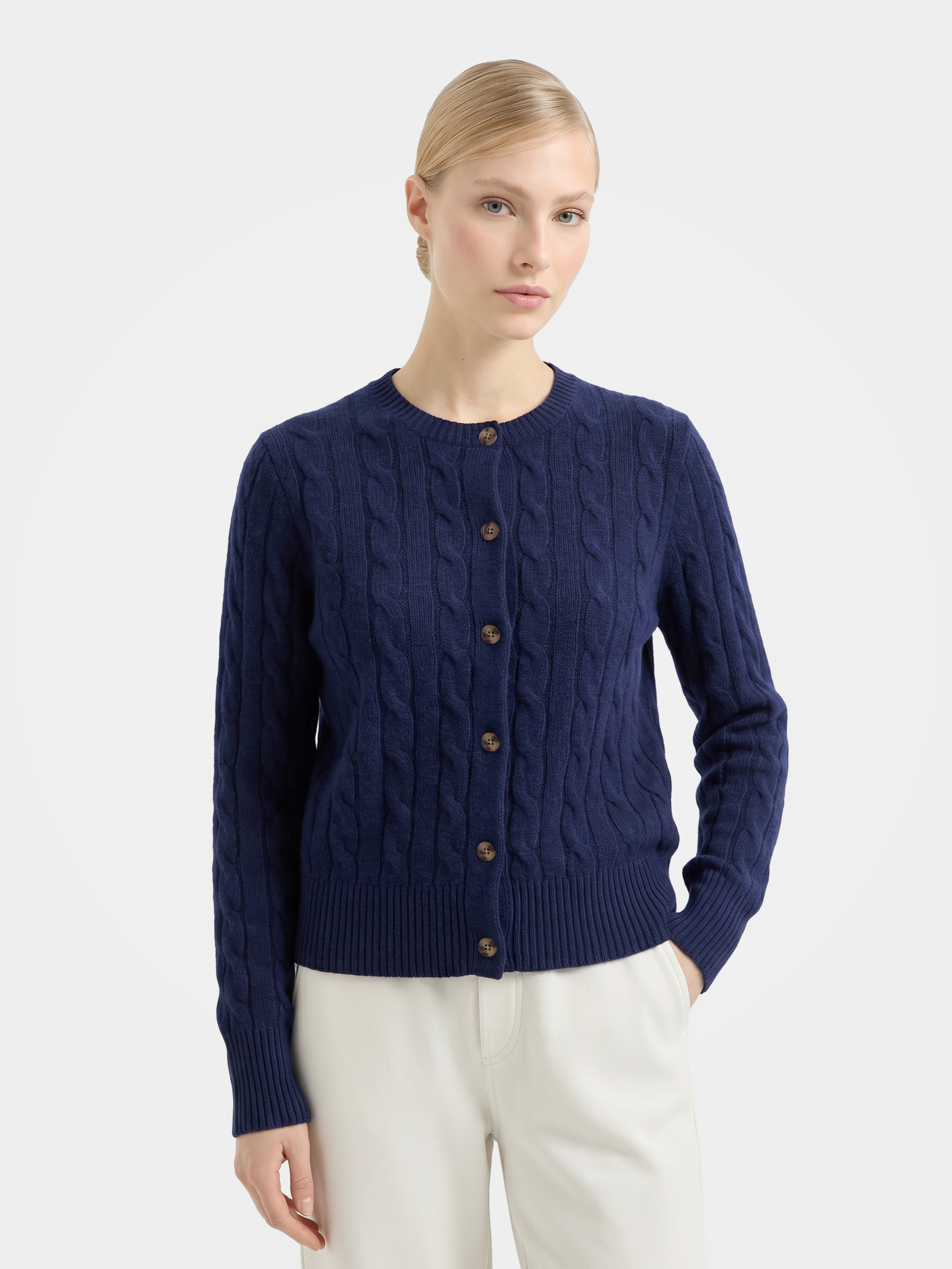 100% Mongolian Cashmere Cable Knit Crew Neck Button Cardigan Sweater