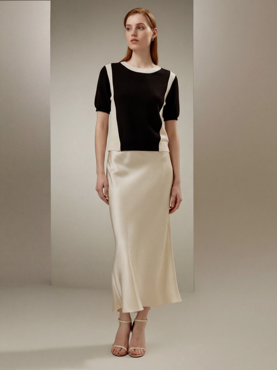 Wool Silk Short Sleeve Colorblock Knit Top