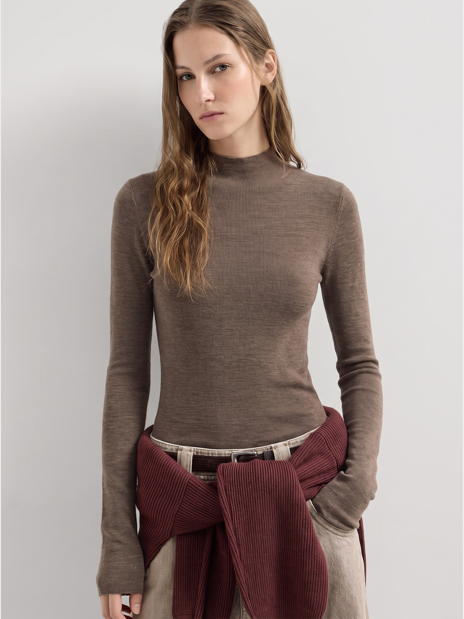 100% Wool Mock Neck Knit Top for Women - Lightweight Slim Fit Long Sleeve Sweater