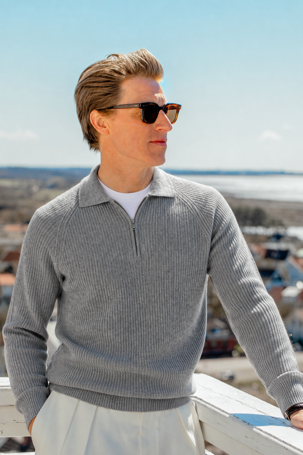 Men's 100% Cashmere Rib Knit Collared Quarter-Zip Sweater