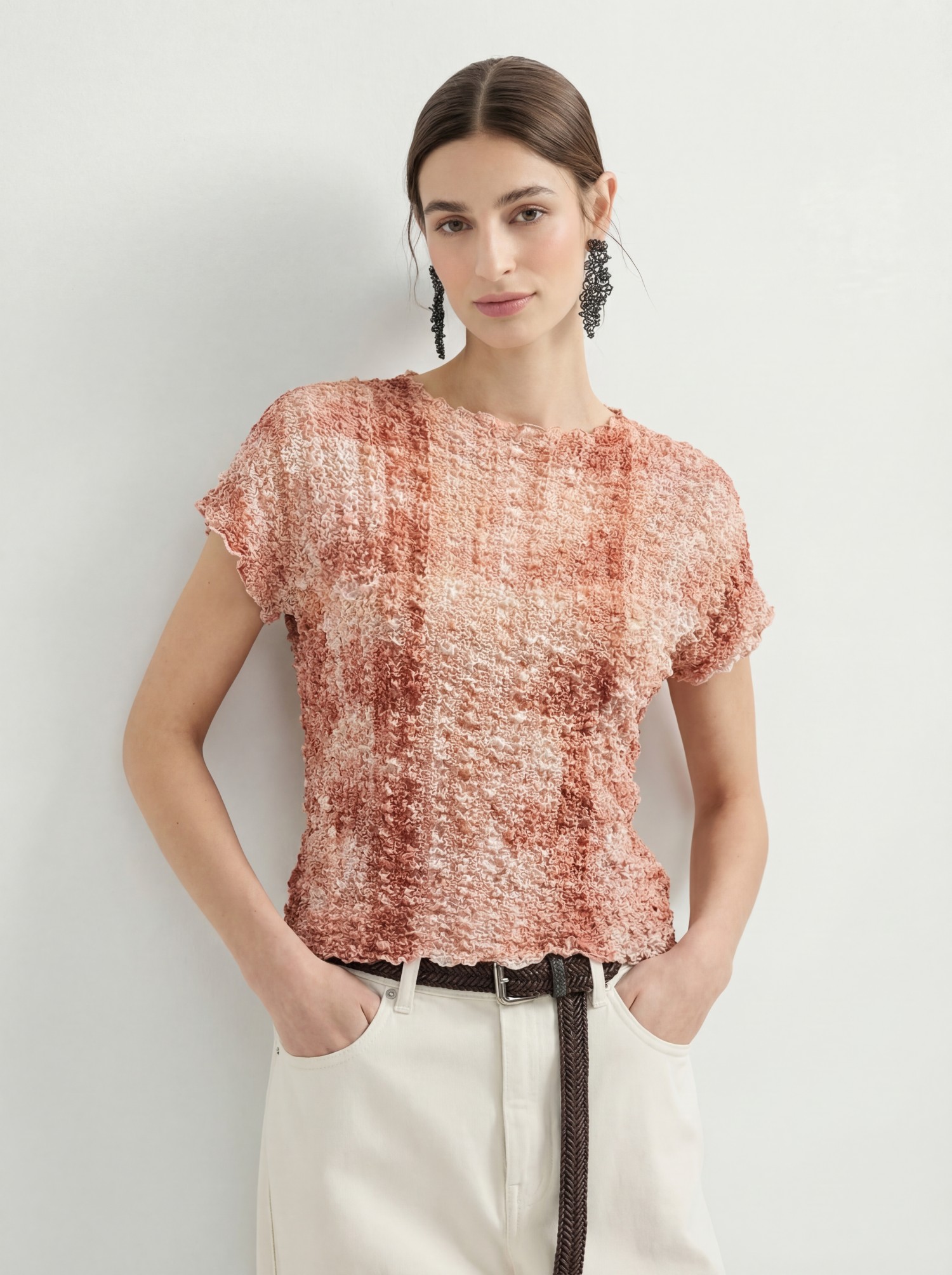 Red Silk Crinkled Colorblock Knit Sweater