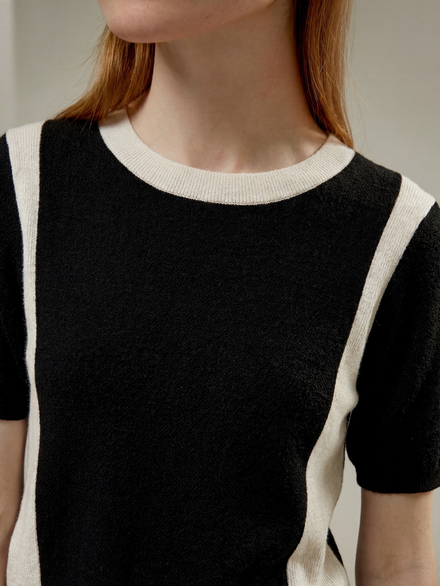 Wool Silk Short Sleeve Colorblock Knit Top