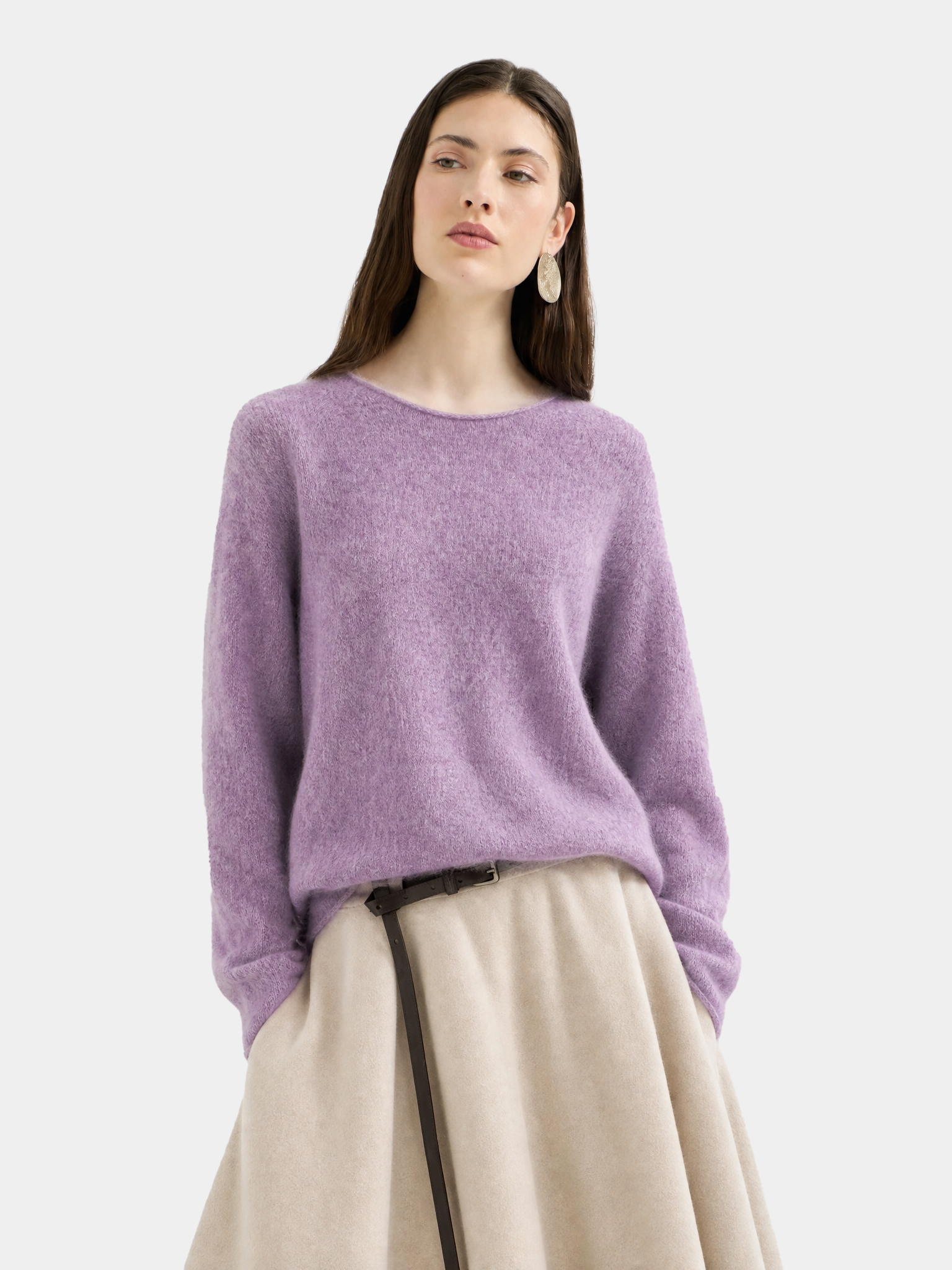 Wool Blend Brushed Crew Neck Relaxed Fit Long Sleeve Sweater