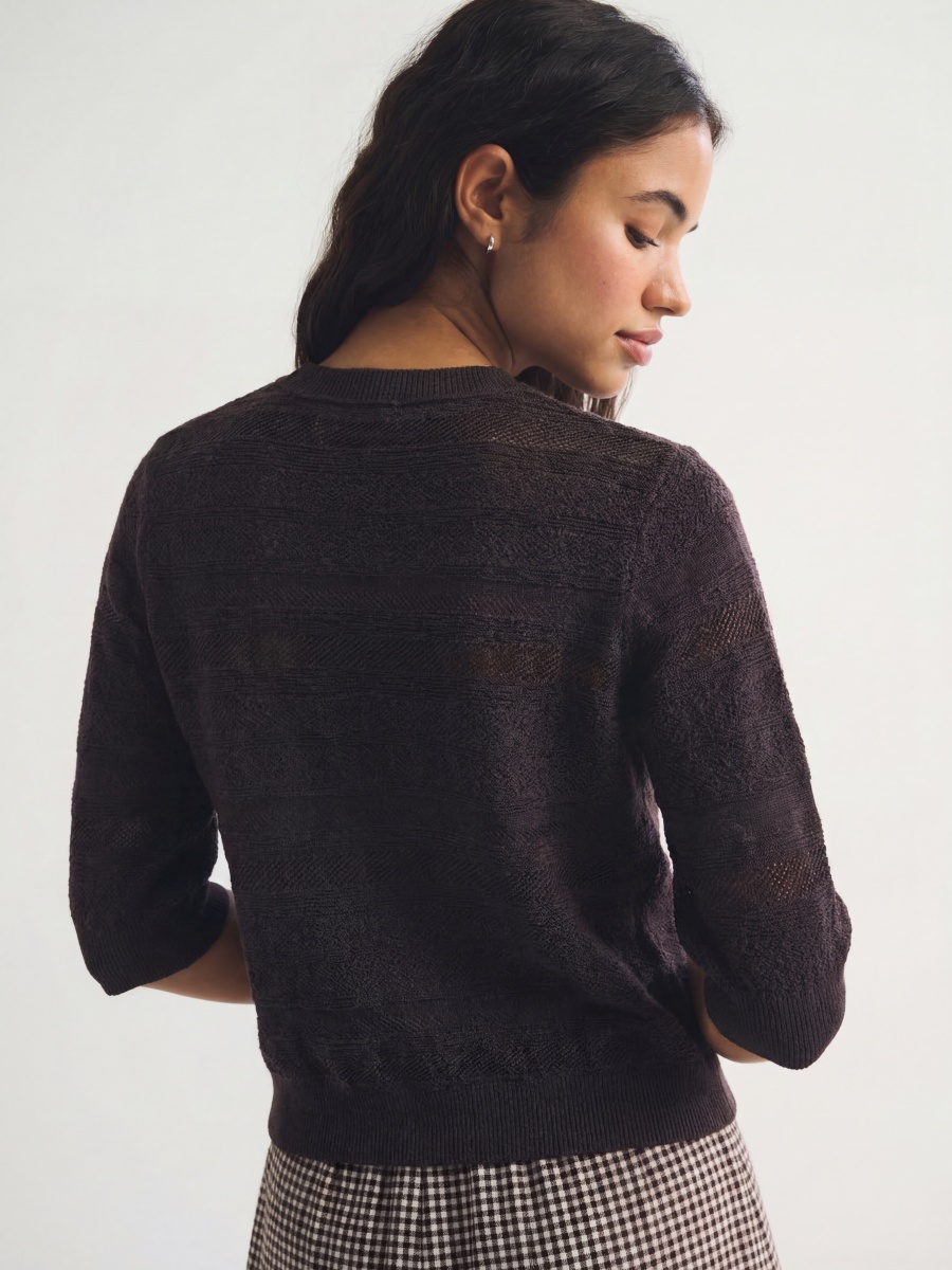 Wool Silk 3/4 Sleeve Openwork Knit Top