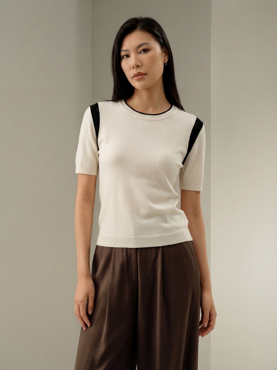 Wool Silk Short Sleeve Colorblock Knit Top
