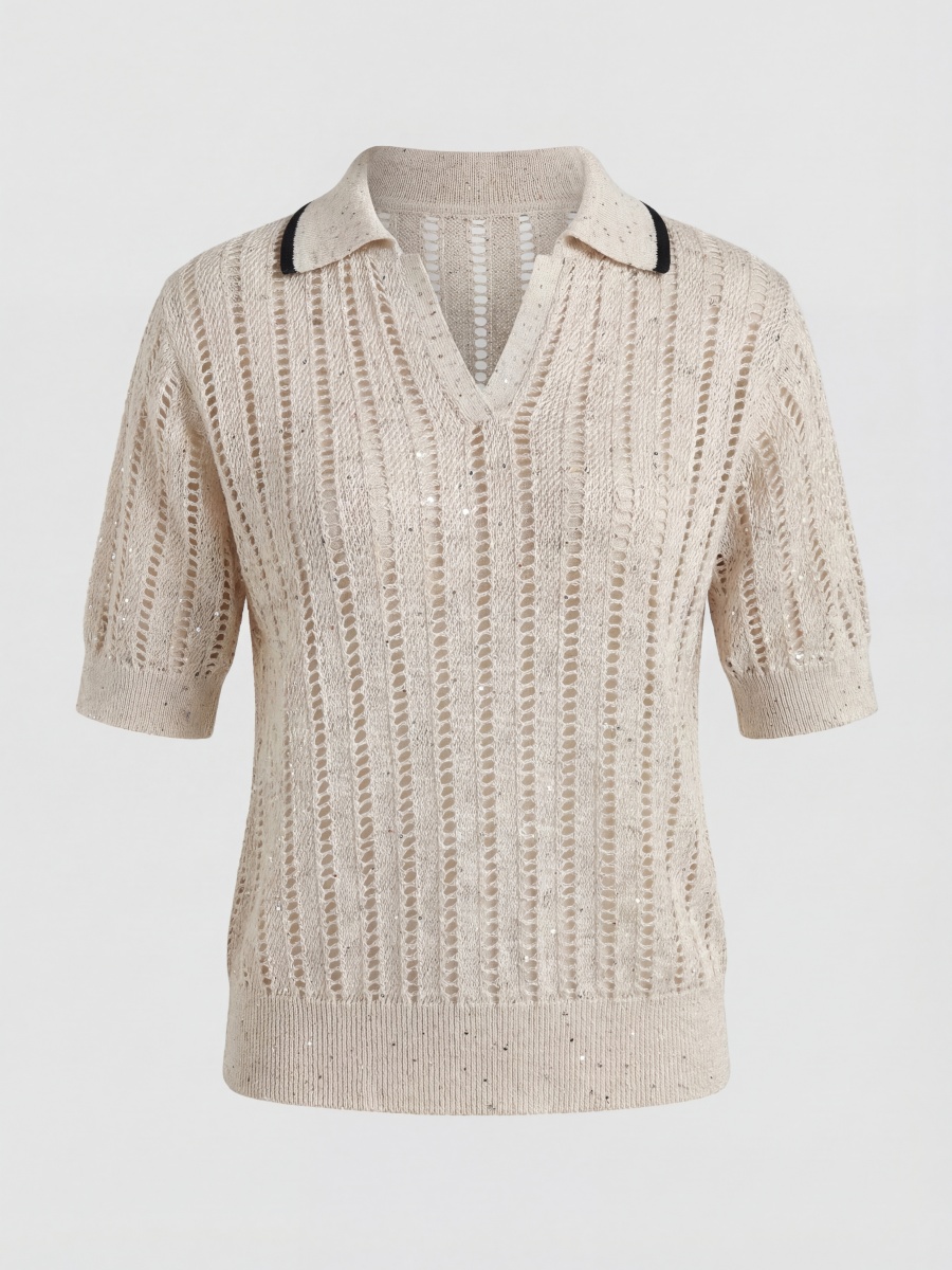 Linen Cotton Short Sleeve Openwork Knit Polo Top