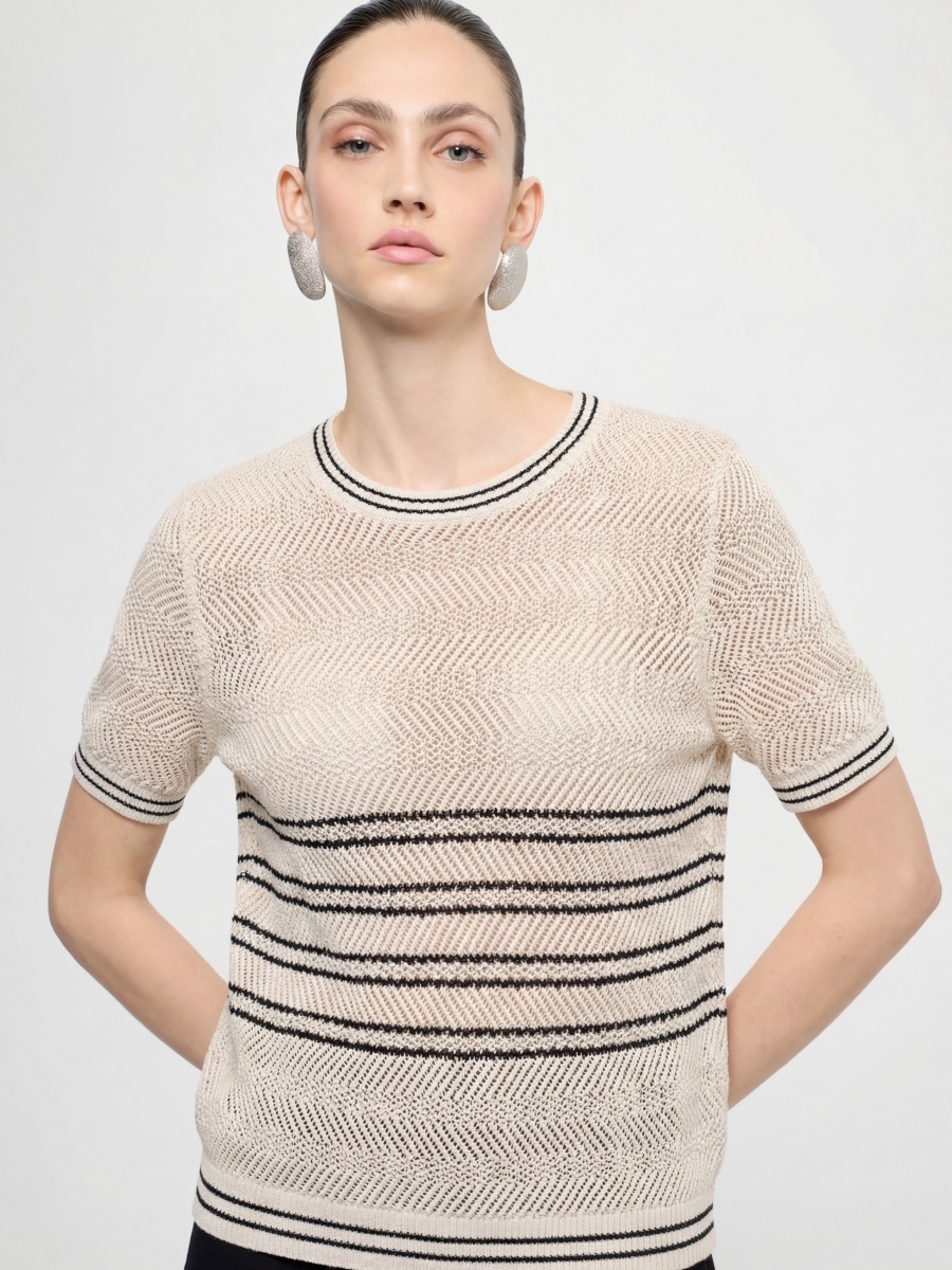 Cotton Short Sleeve Colorblock Openwork Knit Top – Soft Breathable Cotton Sweater
