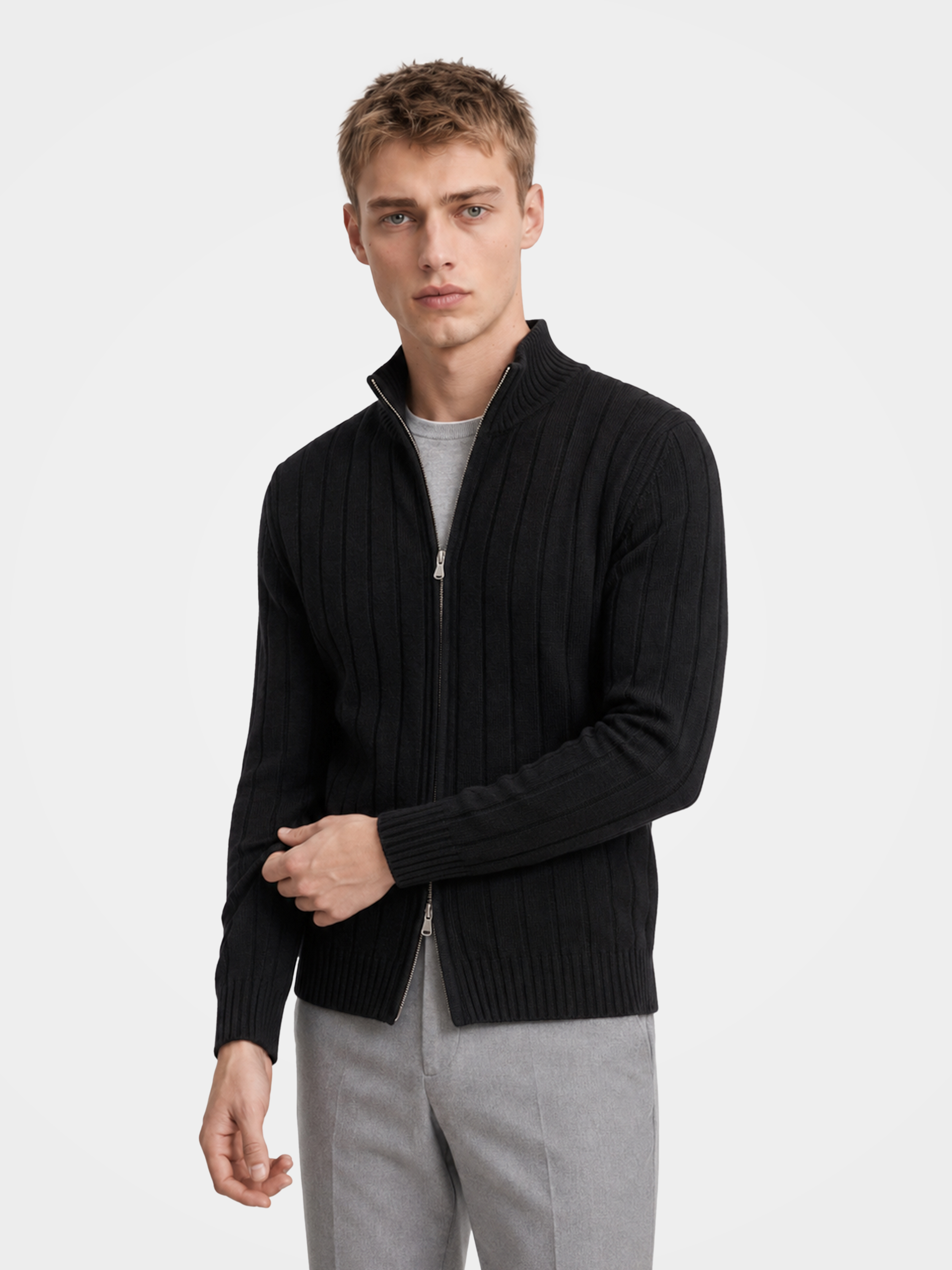 Pre-Order | Men's 100% Cashmere Mock Neck Zip Rib Knit Cardigan (10-14 Business Days)
