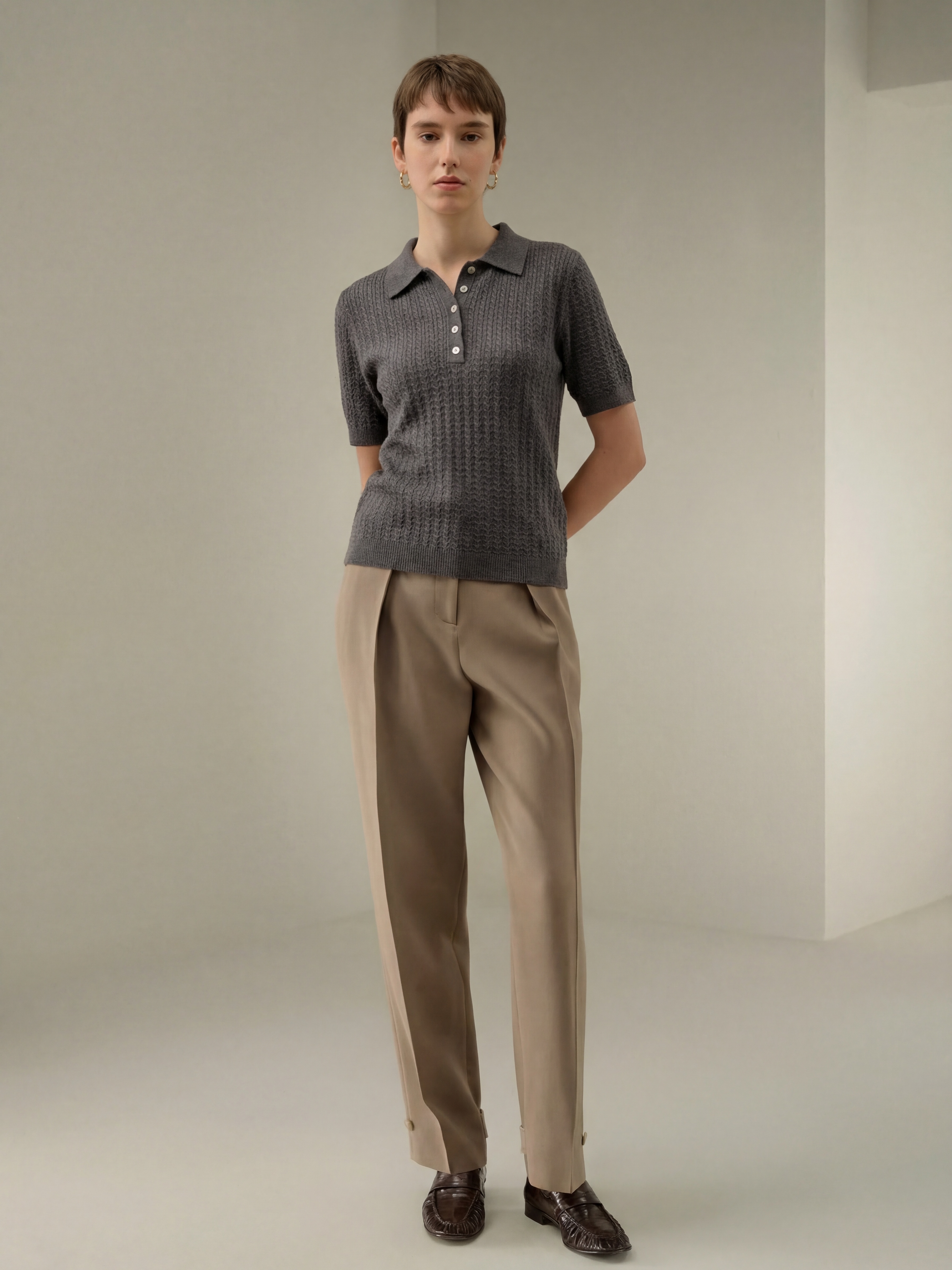 Wool Short Sleeve Knit Polo Top