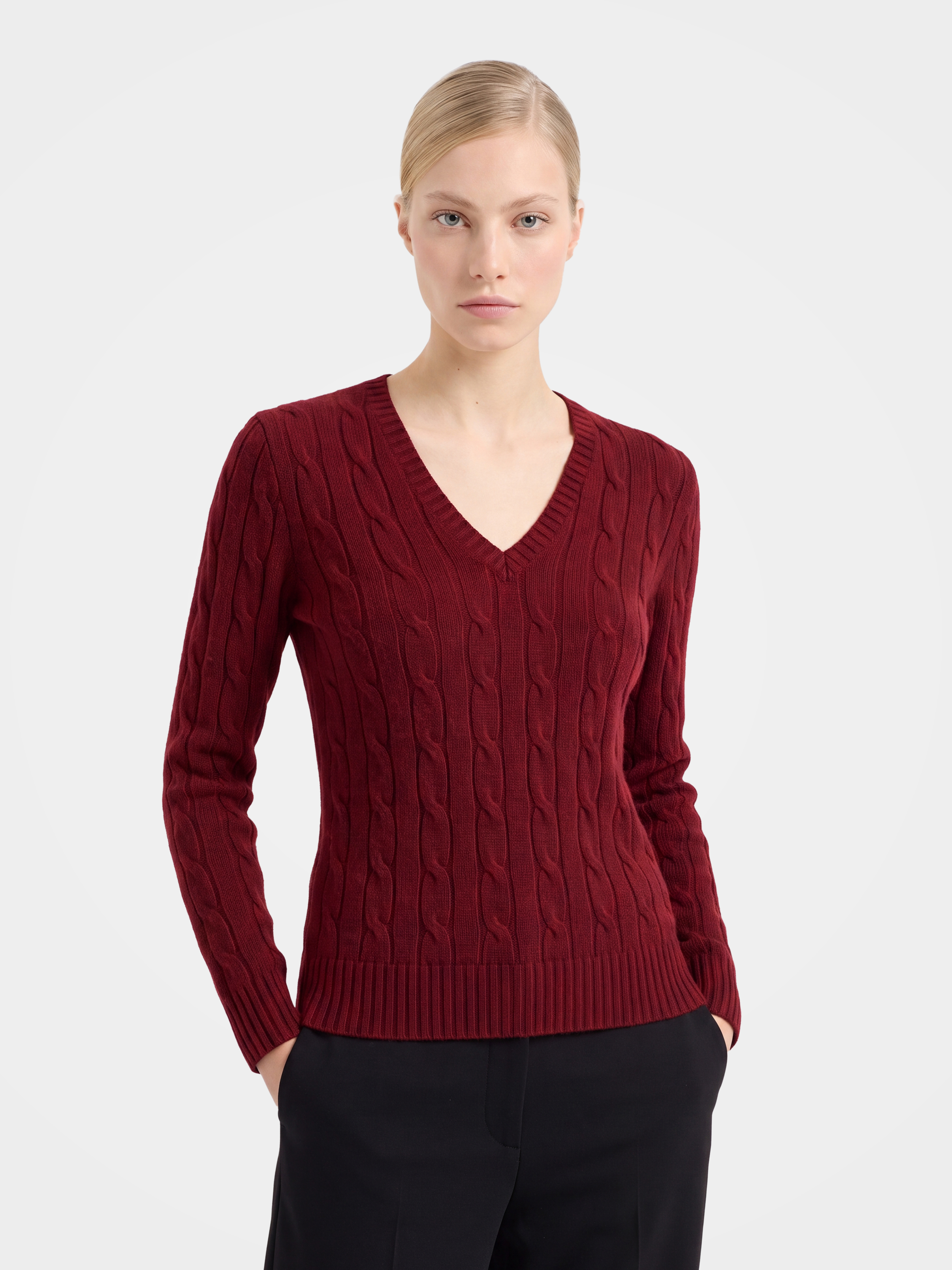 00% Mongolian Cashmere Classic Cable Knit V-Neck Sweater