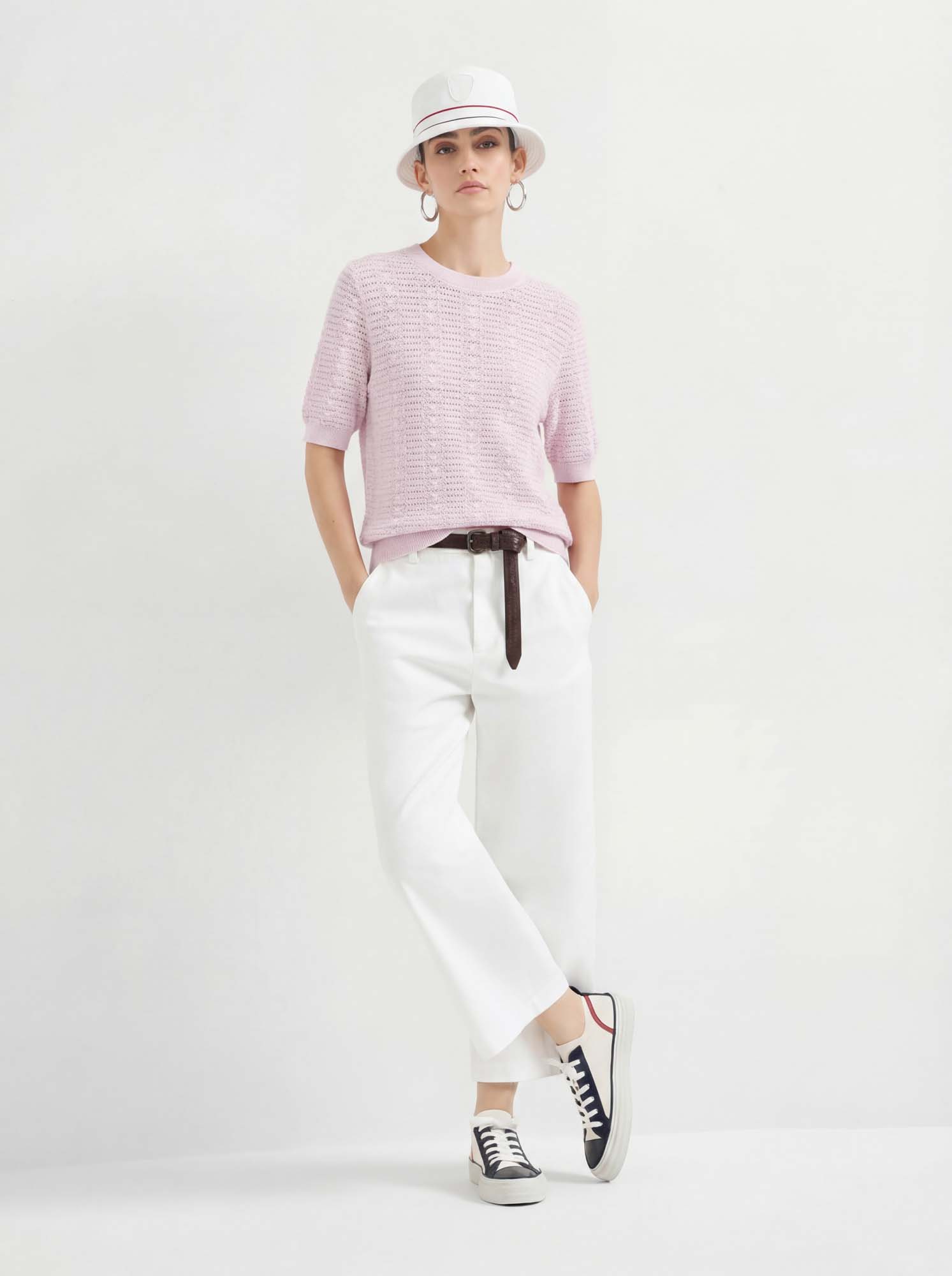 Cotton Short Sleeve Crew Neck Knit Sweater