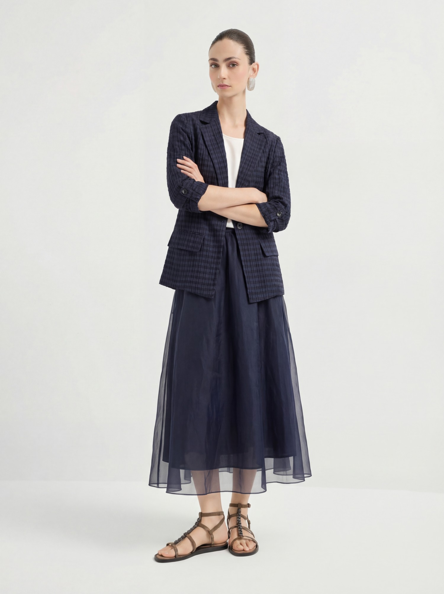 Navy Silk Plaid Blazer