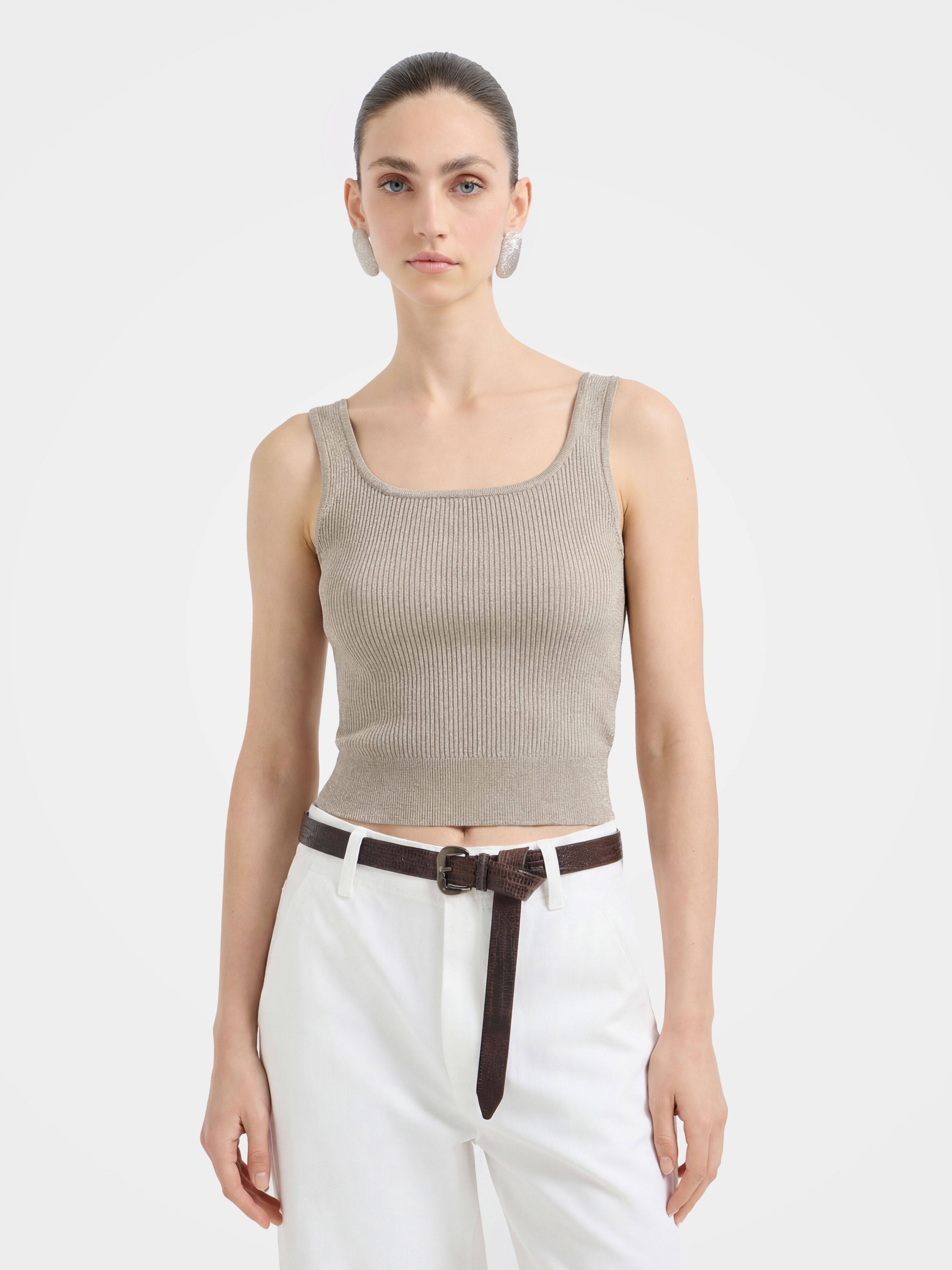 Shimmer Tencel Blend Ribbed Knit Tank Top