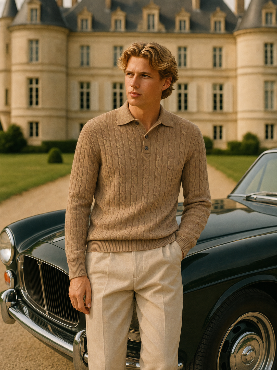 Men's 100% Cashmere Cable Knit Polo Collar Sweater