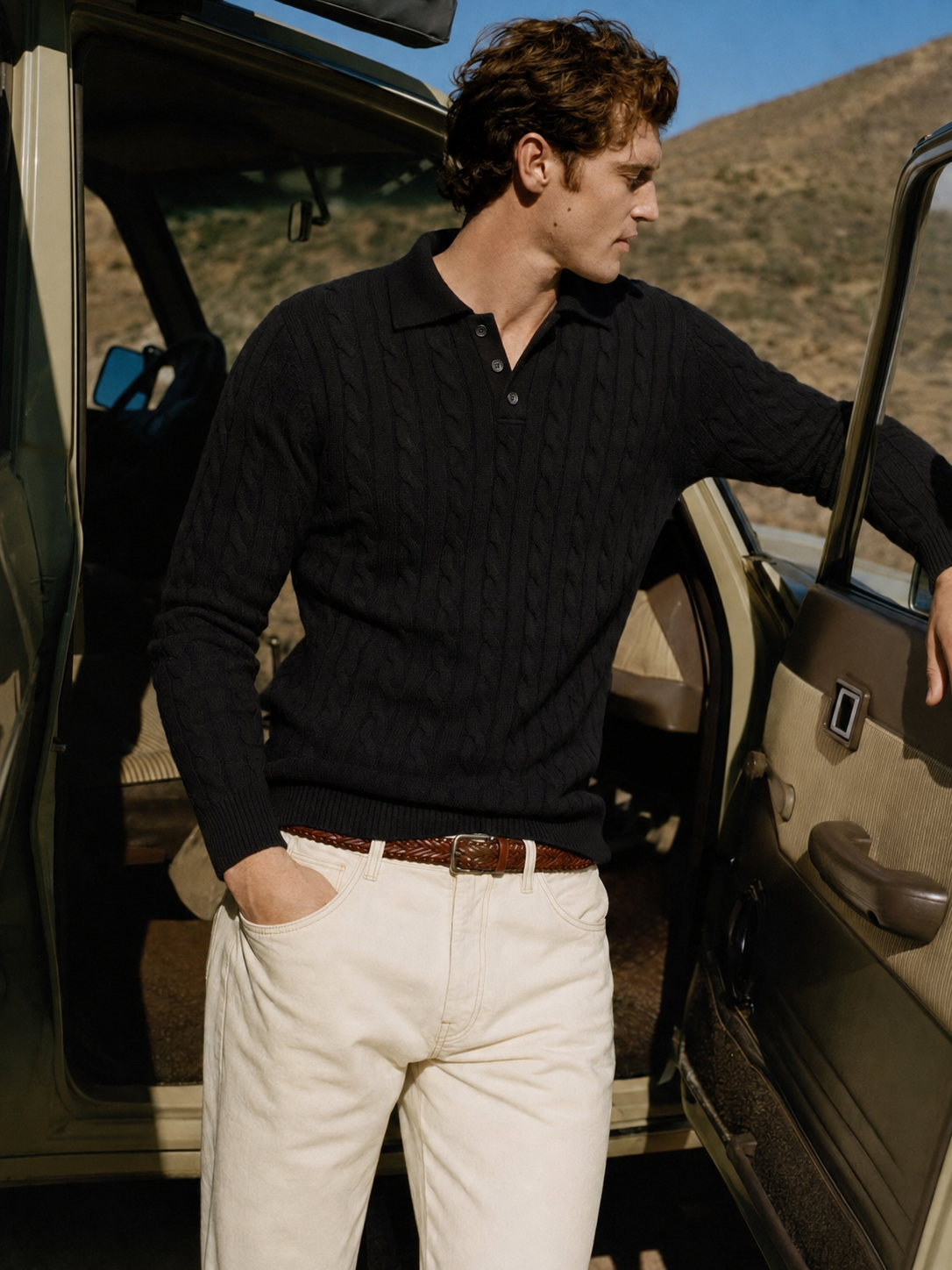 Men's 100% Cashmere Cable Knit Polo Collar Sweater