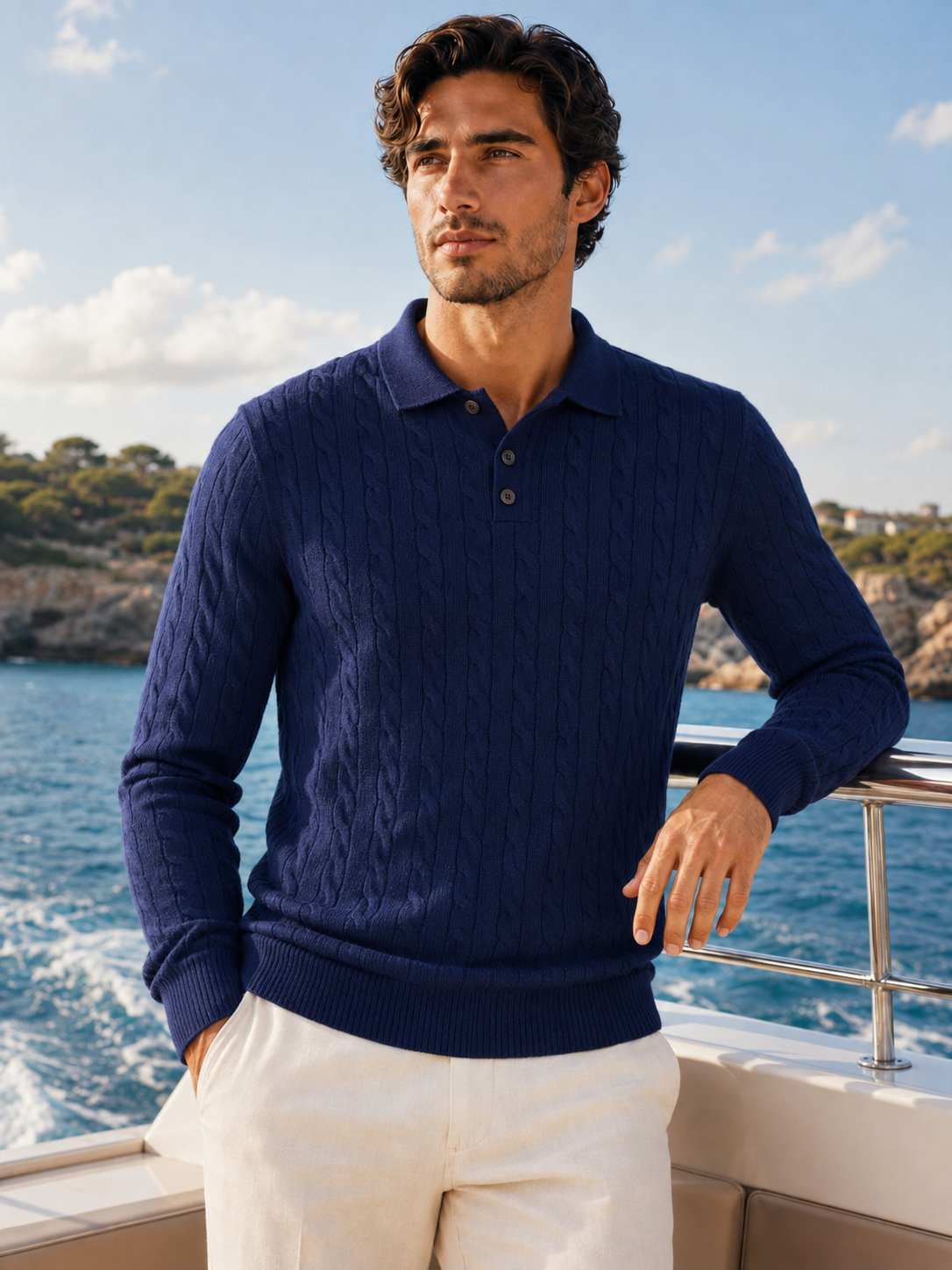 Men's 100% Cashmere Cable Knit Polo Collar Sweater