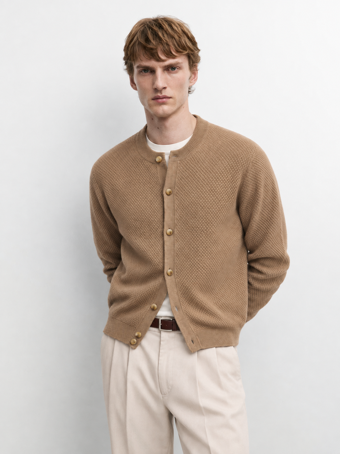 Men's 100% Cashmere Honeycomb Knit Crew Neck Cardigan