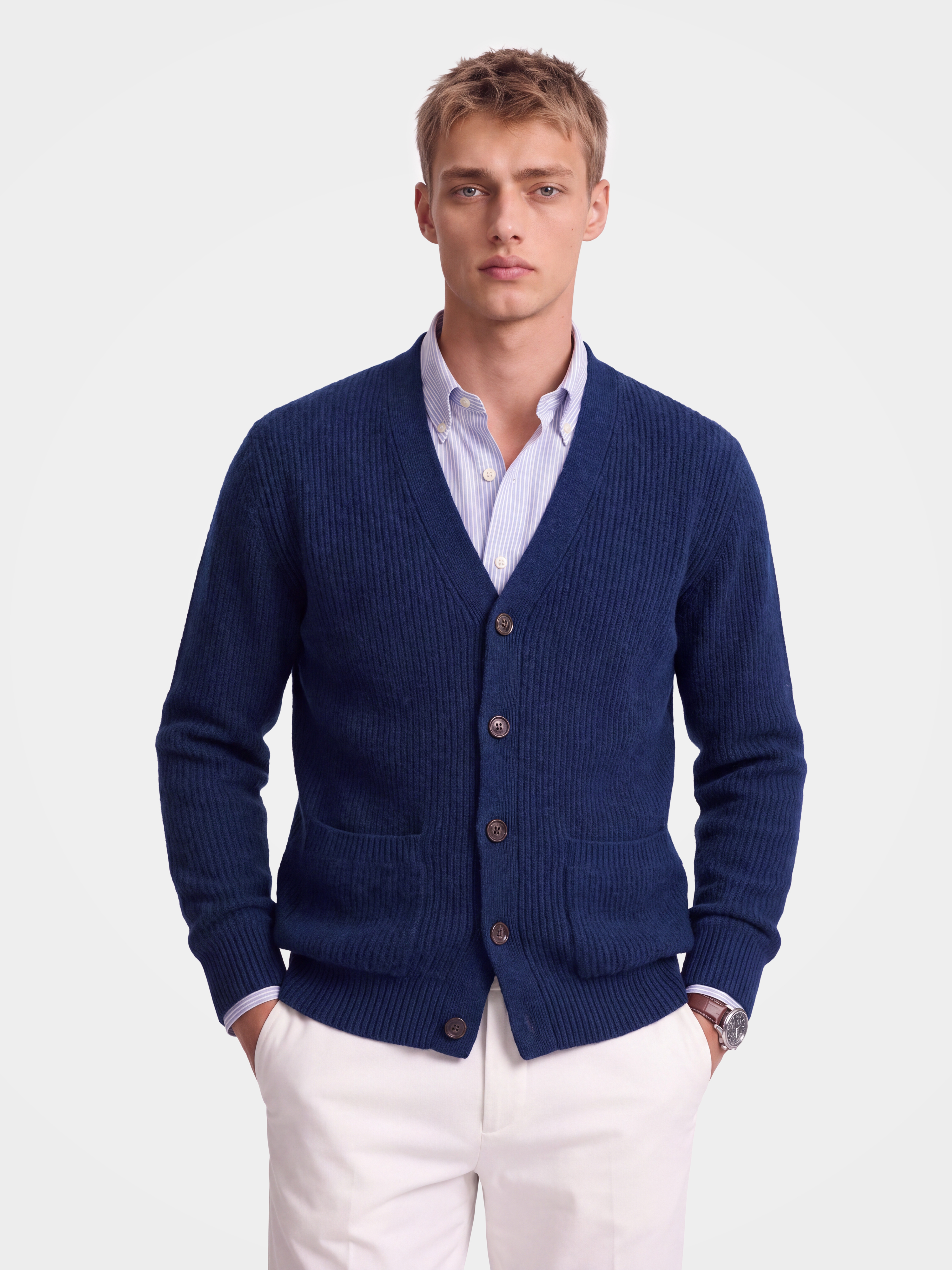 Men's 100% Mongolian Cashmere V-Neck Button Front Cardigan Sweater with Pockets