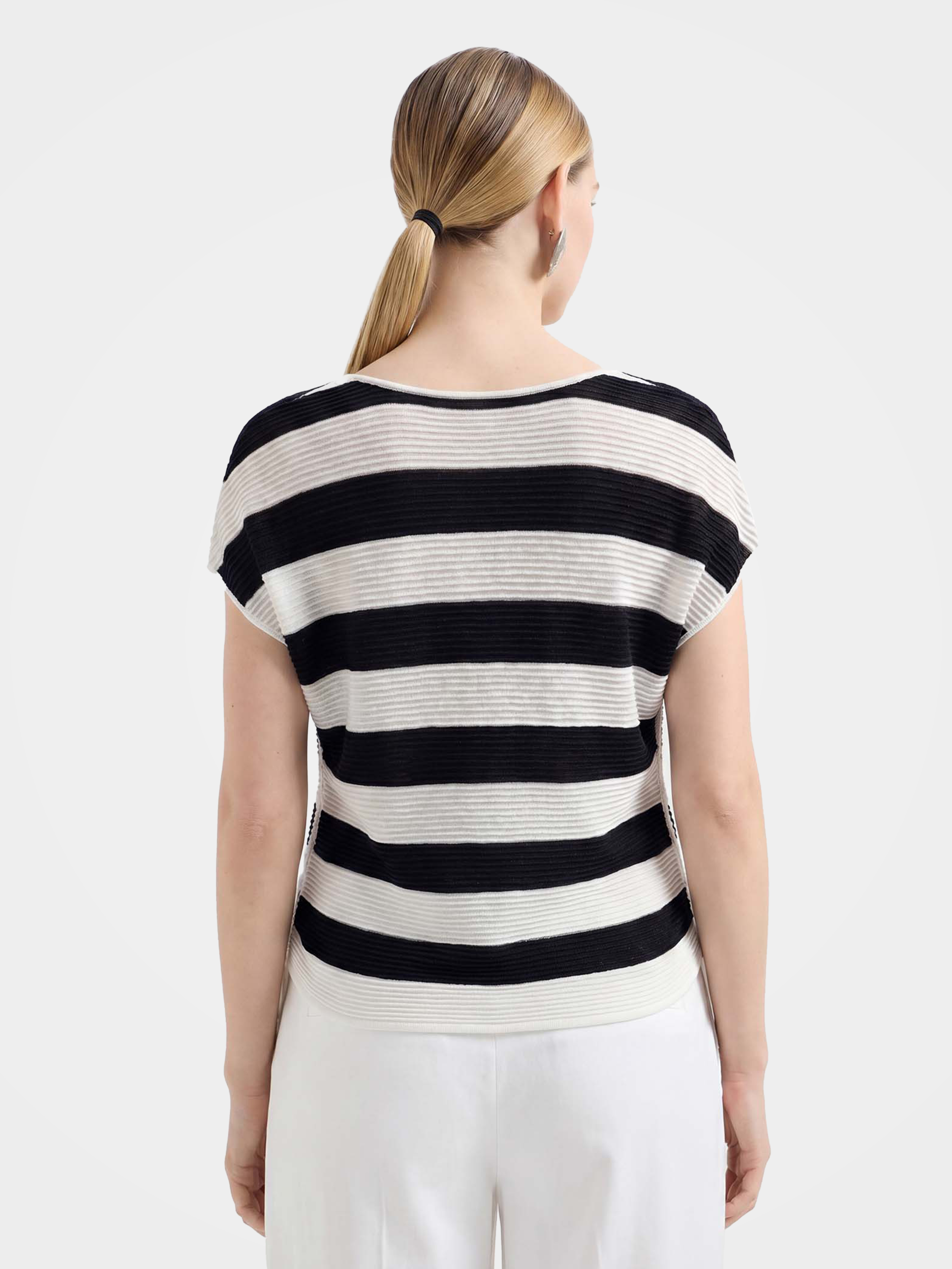 Drapey Tencel Blend Relaxed Stripe Cap Sleeve Knit Top