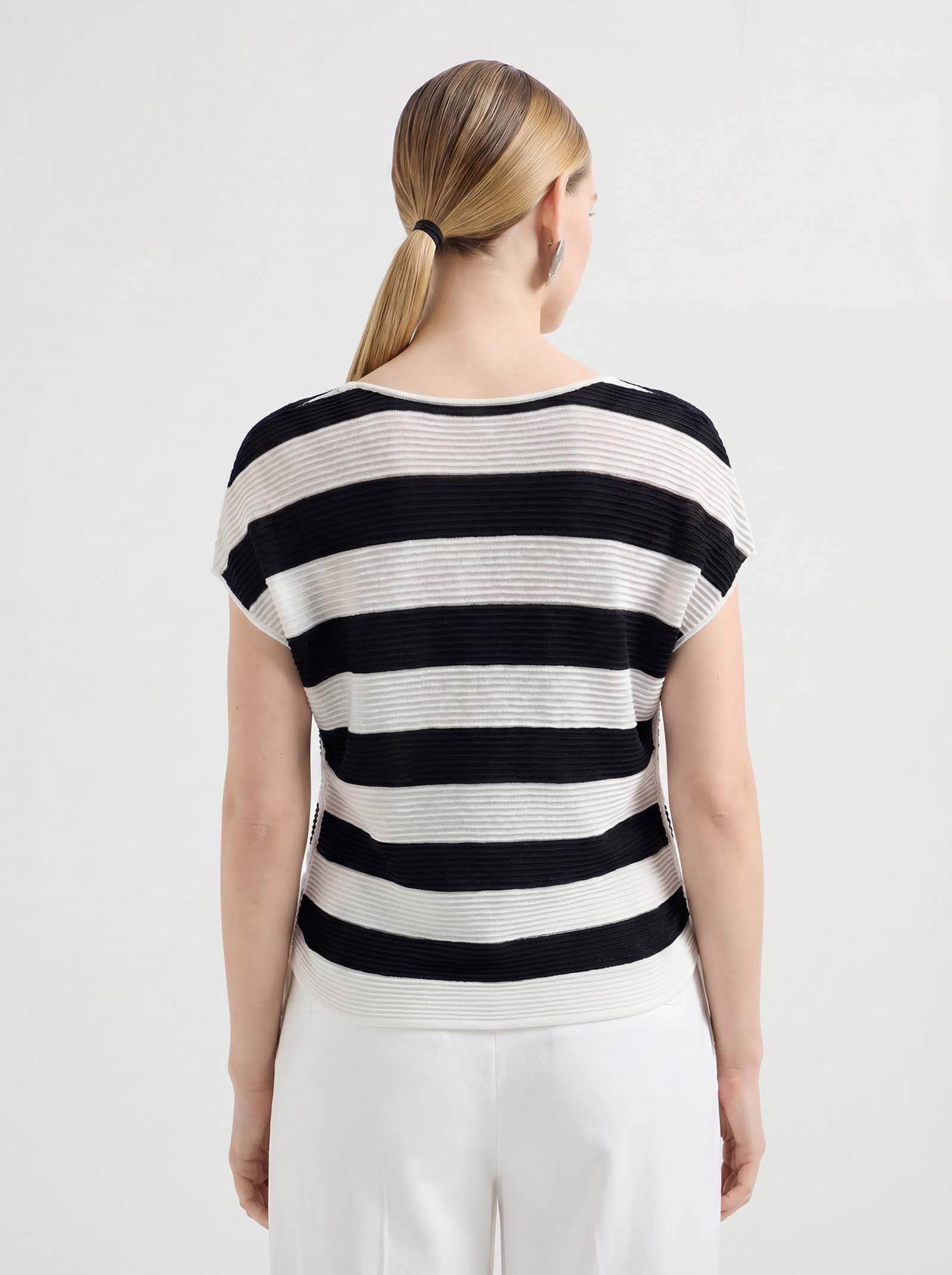 Black White Tencel Short Sleeve Stripe Knit Sweater
