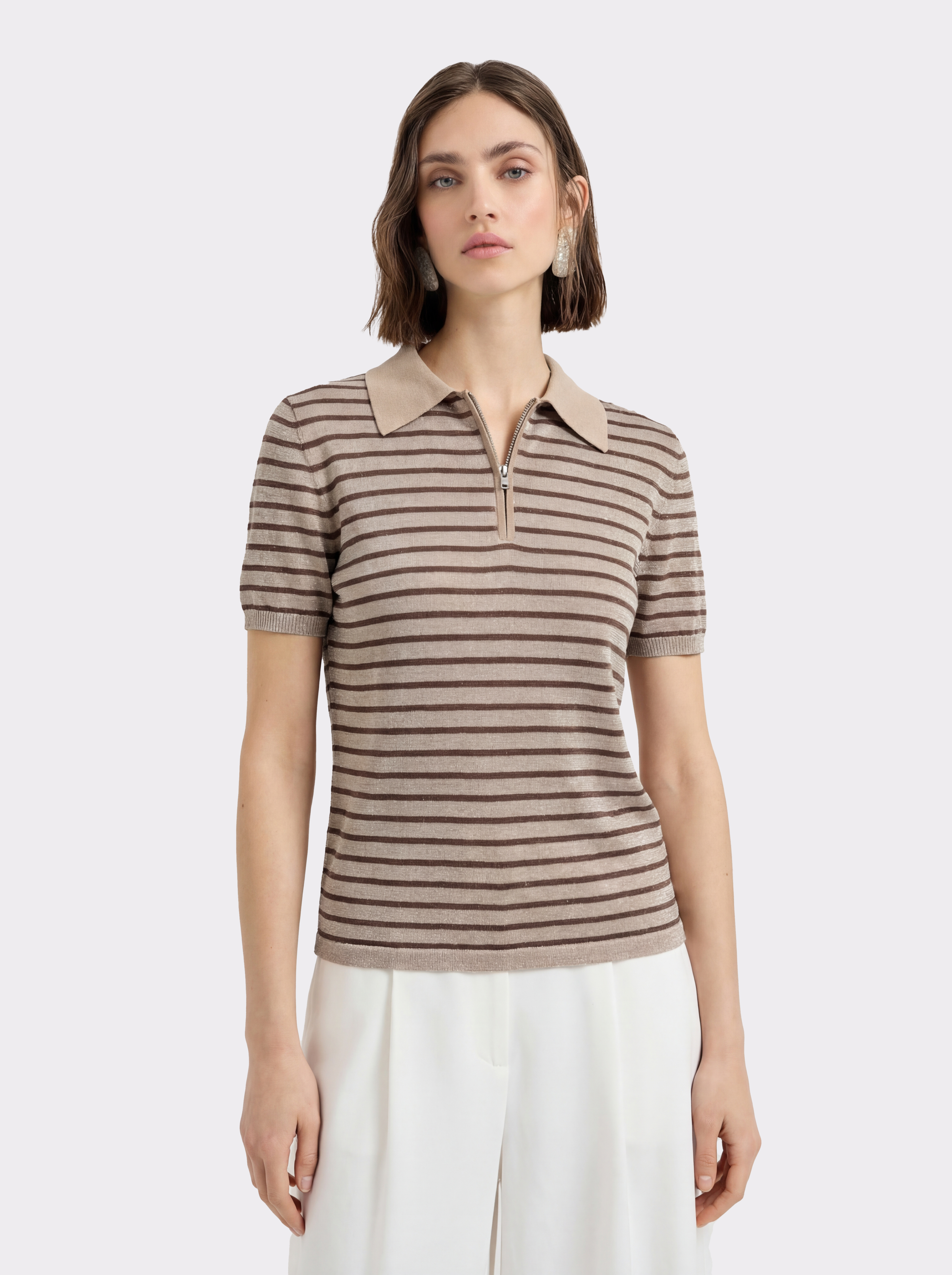 Khaki Tencel Stripe Zip up Knit Polo Sweater