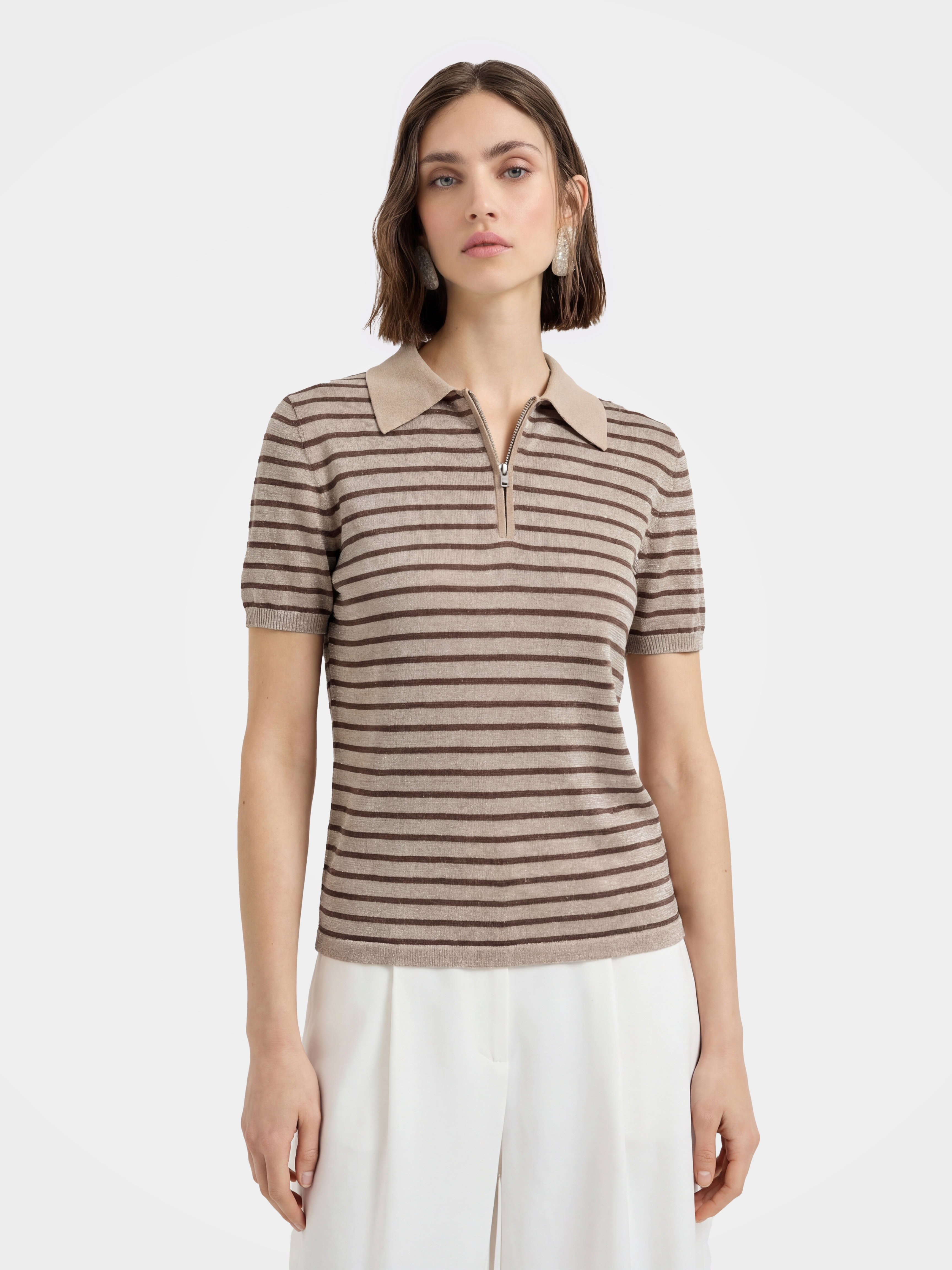 Lightweight Stripe Half Zip Short Sleeve Knit Pullover